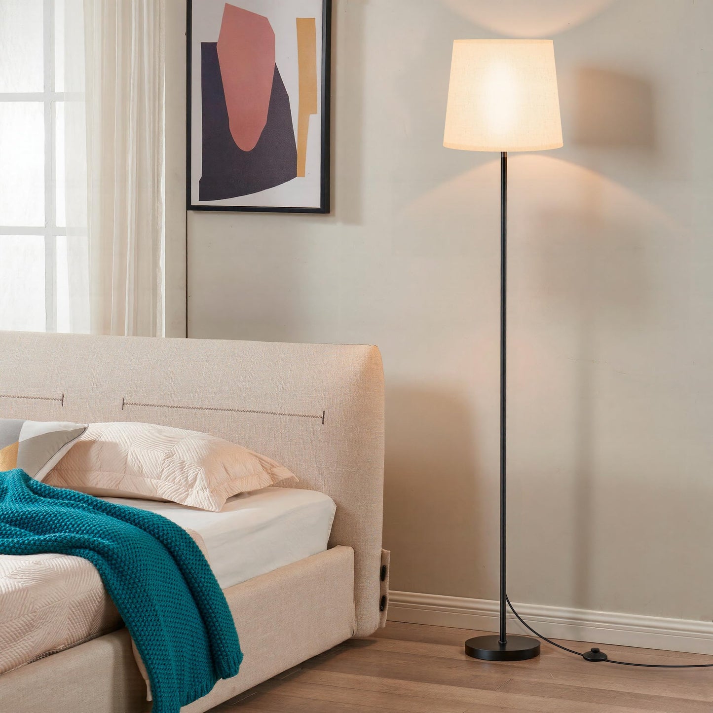 SIBRILLE Floor Lamp with White Shade, 62" Dimmable LED Standing Lamp with Remote, 9W E26 Bulb Included, 3000-6000K, Modern Floor Reading Light for Bedroom Living Room Office Corner, Black Pole