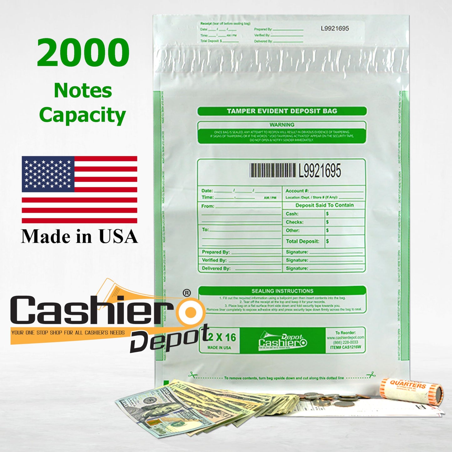 100 Cashier Depot - Tamper Evident Bank Deposit Bags, 12 x 16 Inches, White, 100 Count, Press & Seal Void Closure, Serialized Numbering with Barcode, Made in USA