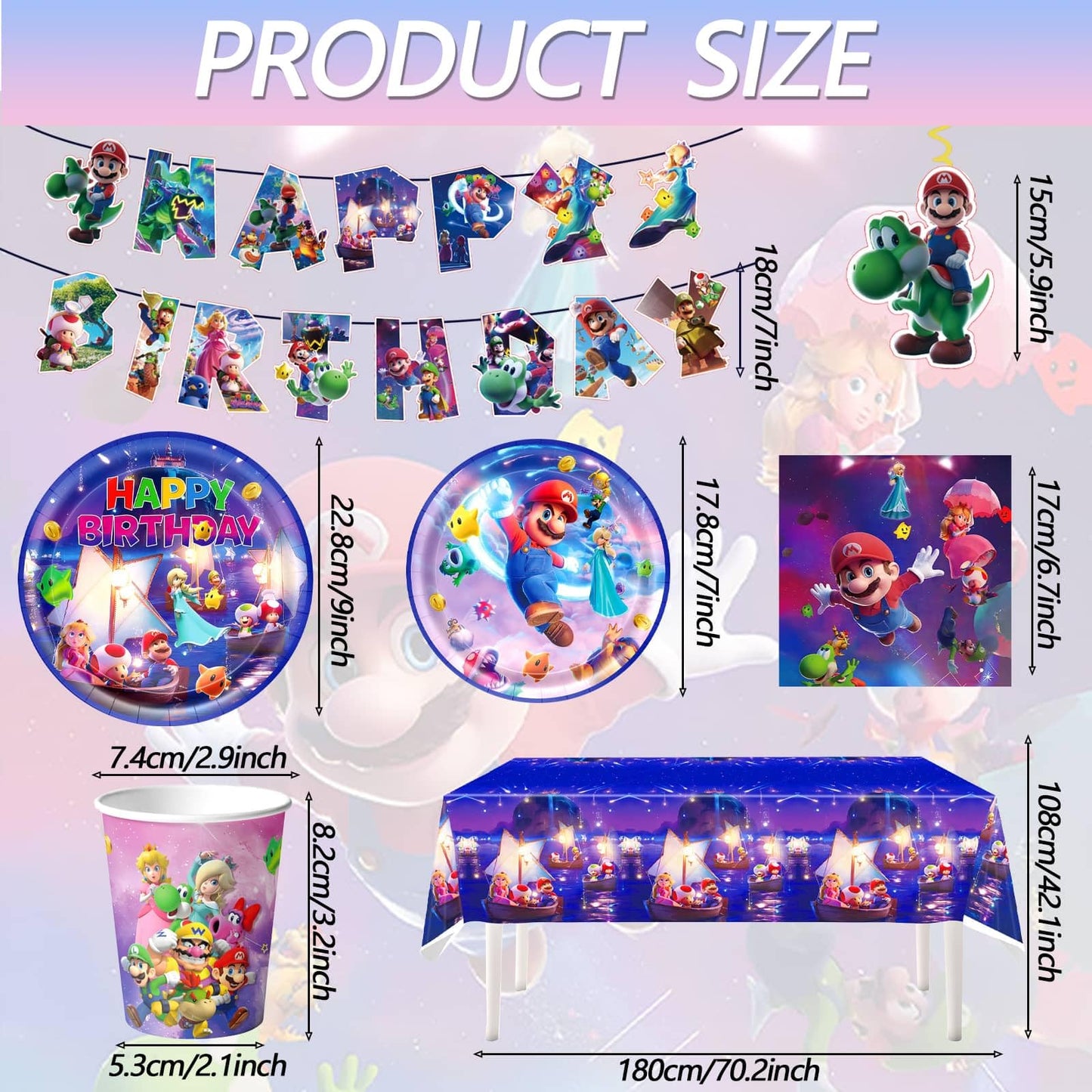 88PCS For Latest Mario Party Supplies: 6 Hanging Swirls, 20 Napkins, 20 Cups, 20 Plates （9 inch）， 20 Plates 7（ inch）, 1 Banner, 1 Tablecloth for Mario Birthday Party Decorations