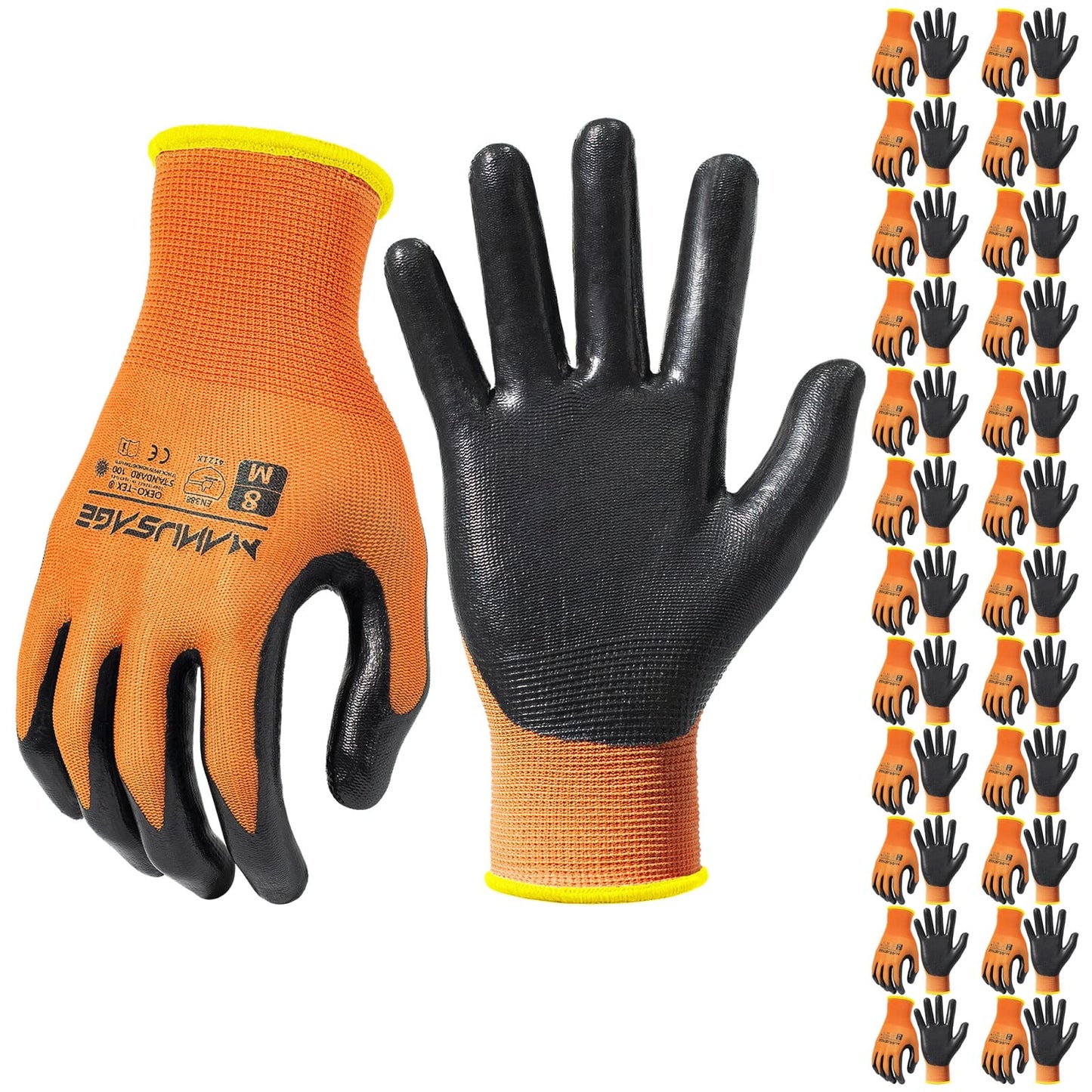 MANUSAGE Safety Work Gloves - Protective Glove for Men & Women - Ultrathin Hand Protection - For Construction, Gardening, Landscaping - Orange - Size L - 24 Pairs