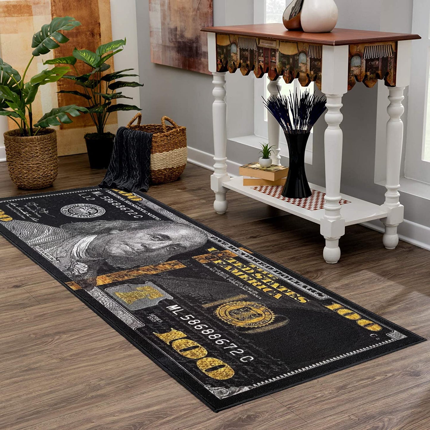 HUAHOO Black Money Rugs 100 Dollar Bill Cool Area Rug Door Mat Runner for Living Room Bedroom Indoor Outdoor Rug (31.5" x 78.7")