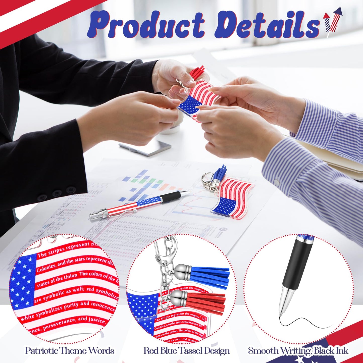 Sayglossy 50 Sets 250th Souvenirs Gift Flag Ballpoint Pen Flag USA Acrylic Keychain with The USA Patriotic Themed Card Souvenirs Gifts for Veteran Patriotic Independence Day Party Supplies