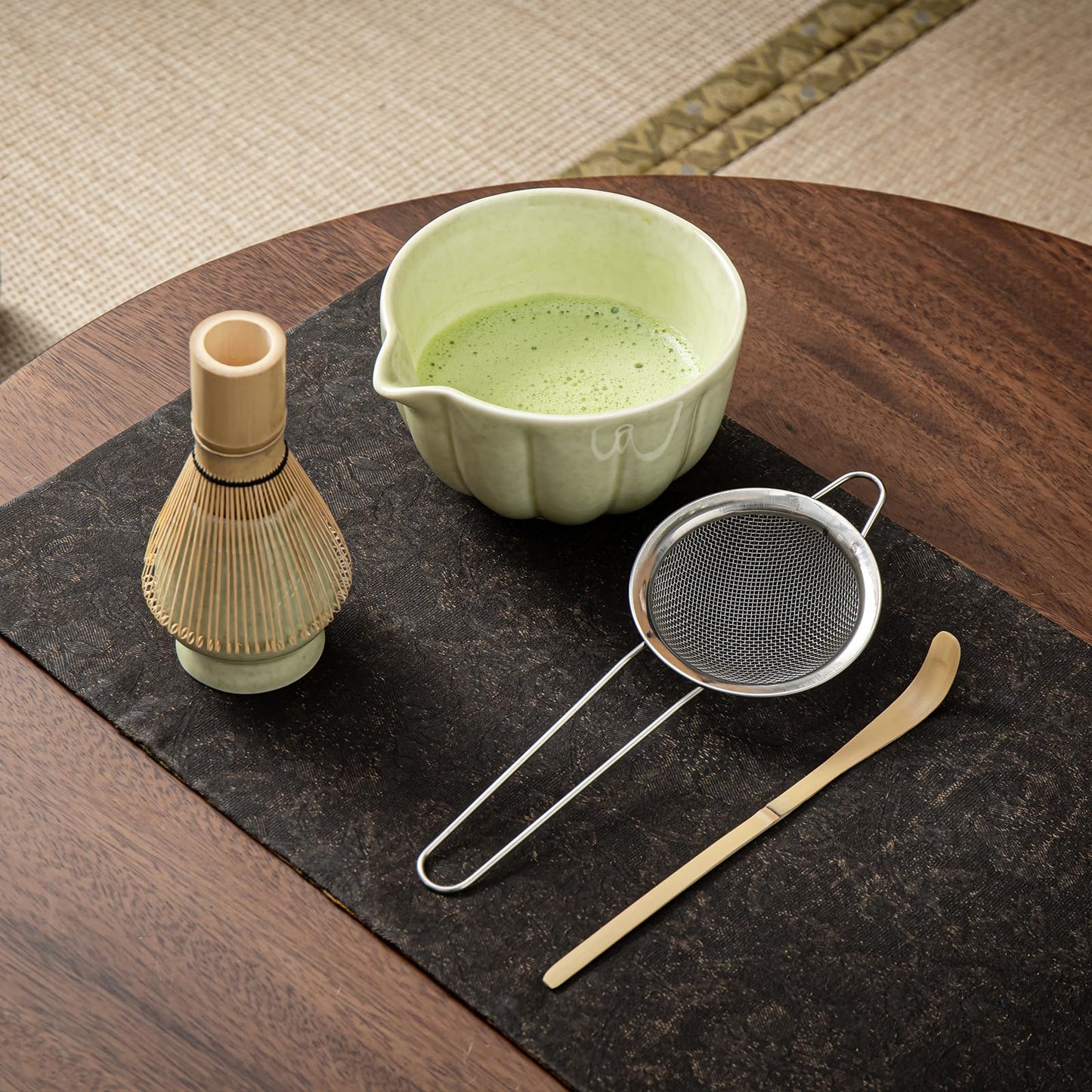 SFTXEY Matcha Whisk Set, Matcha Set Includes Ceramic Matcha Bowl, Bamboo Whisk, Scoop, Chasen Holder, Sifter, 5 Pcs Perfect Matcha Kit for Matcha Lover (Mottled Green)