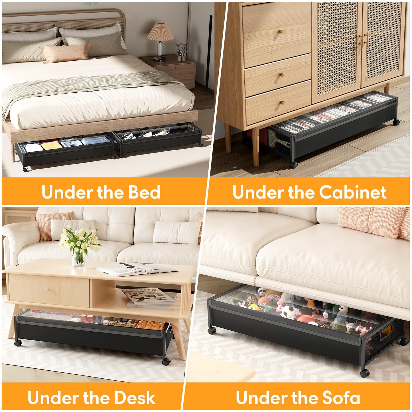 LeArex Under Bed Storage Containers with Wheels 2 Pack Underbed Shoe Storage Bedroom Storage Bins Organizer Large Capacity Under Bed Storage with Lid for Clothes Shoes Toys Blankets (Black)