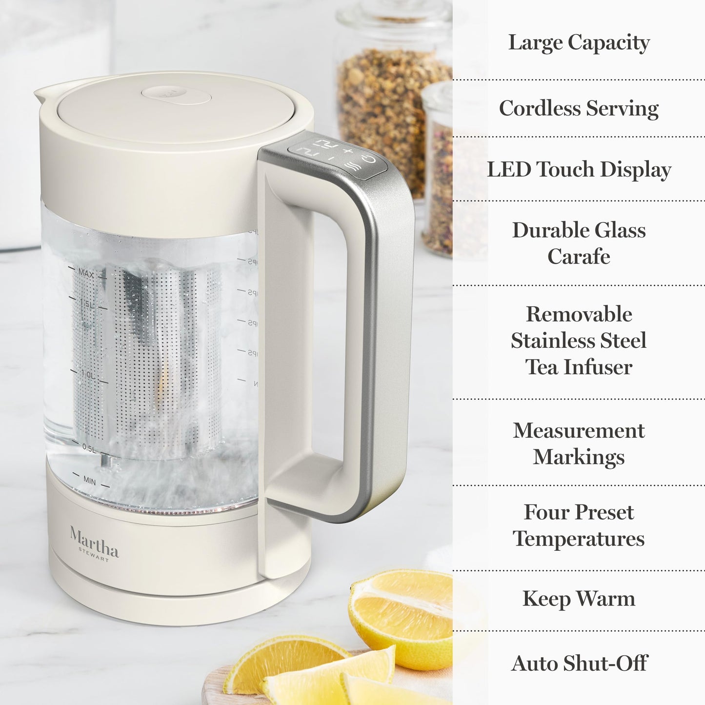 Martha Stewart Electric Kettle with Removable Stainless Steel Tea Infuser, Glass Carafe 1.7L (7 Cups), Hot Water Boiler, 4 Presets, Keep Warm & Auto Shut-Off, Cordless 360° Swivel Base, Linen White