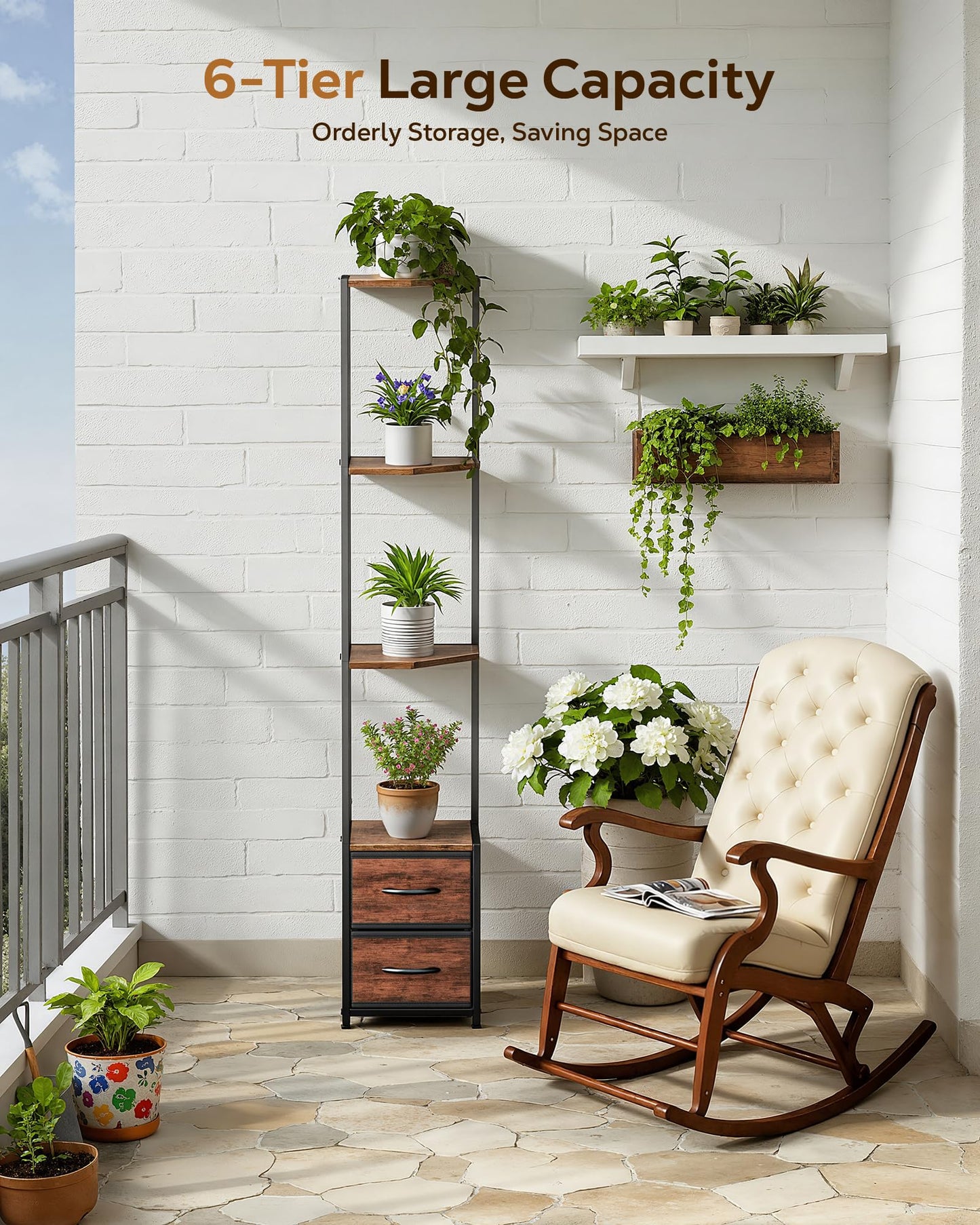 Housolution Corner Shelf Stand with Storage, 63.4'' Tall 6-Tier Corner Bookshelf Includes Fabric Drawers, Freestanding Corners Storage Shelf for Living Room Bedroom Kitchen Bathroom (Black + Brown)
