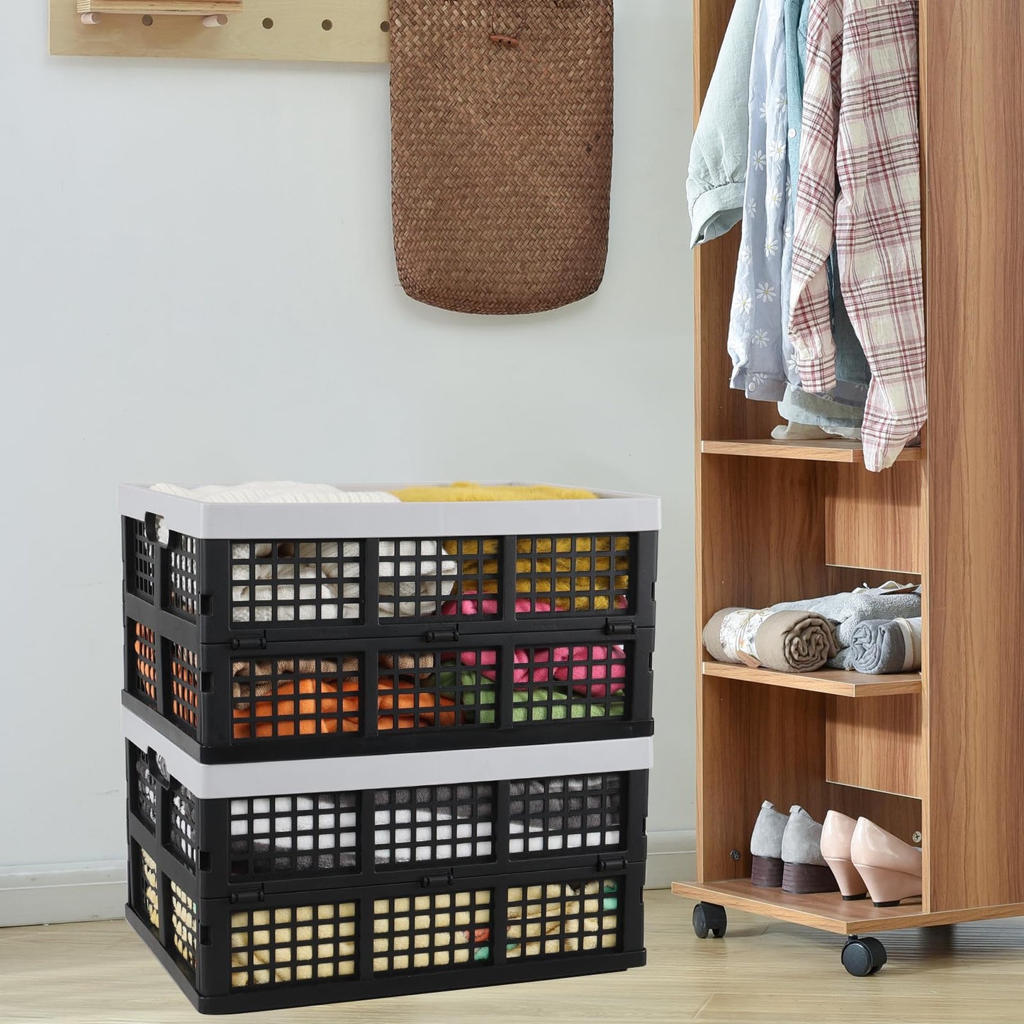 Ionoloy 3 Packs 34 L Plastic Collapsible Storage Crates, Stackable Foldable Storage Basket