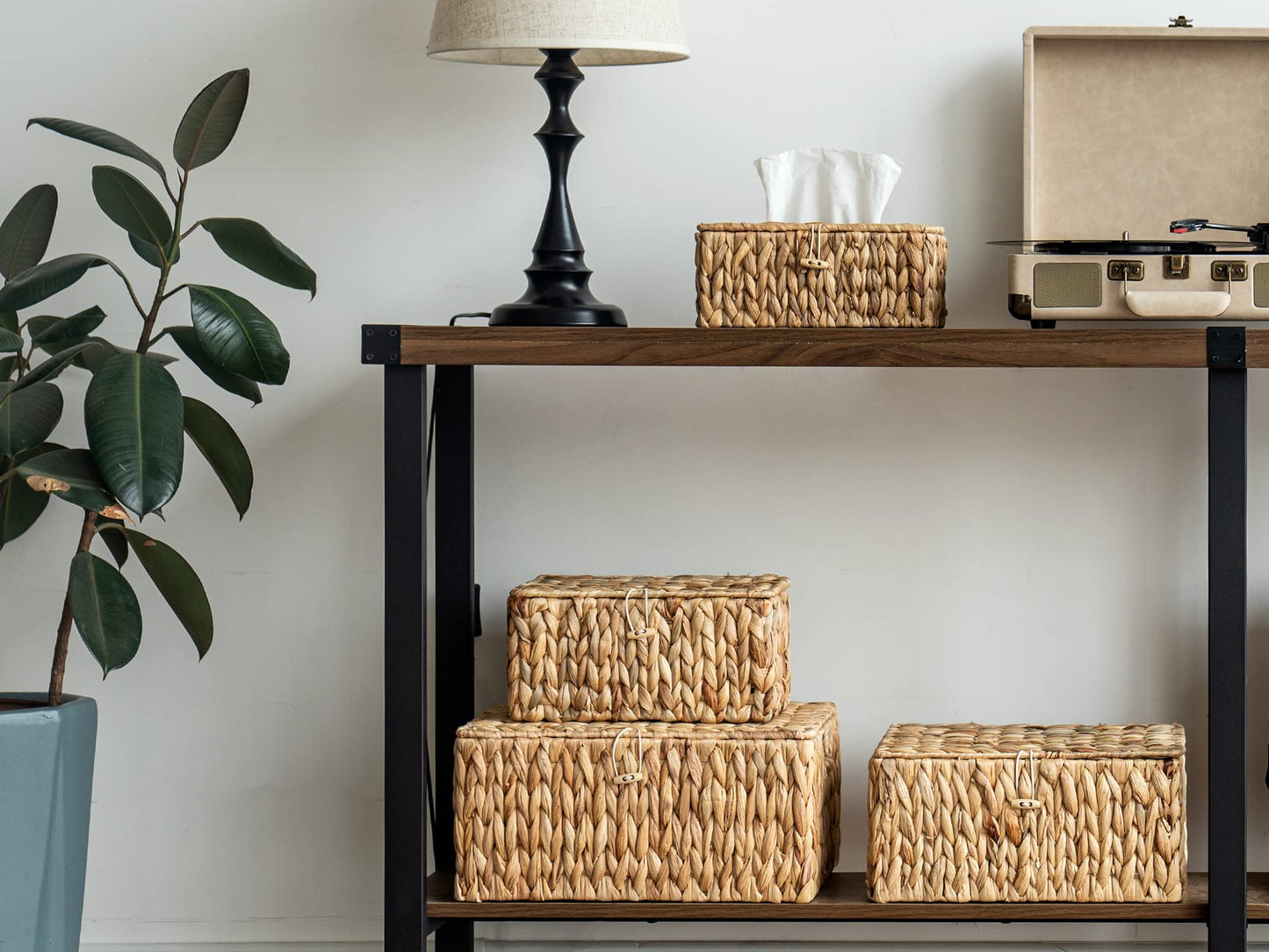 StorageWorks Large Water Hyacinth Baskets for Organizing, Wicker Basket with Lid for Shelves, Storage Basket with Lid and Built-in Handles, 1 Pack