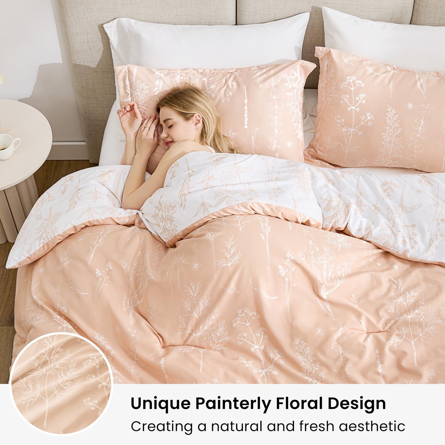 Love's cabin Pink Full Size Comforter Set - Full Comforter Set, 3 Pieces Cute Floral Bedding Sets for All Seasons,1 Soft Reversible Botanical Flowers Comforter and 2 Pillow Shams