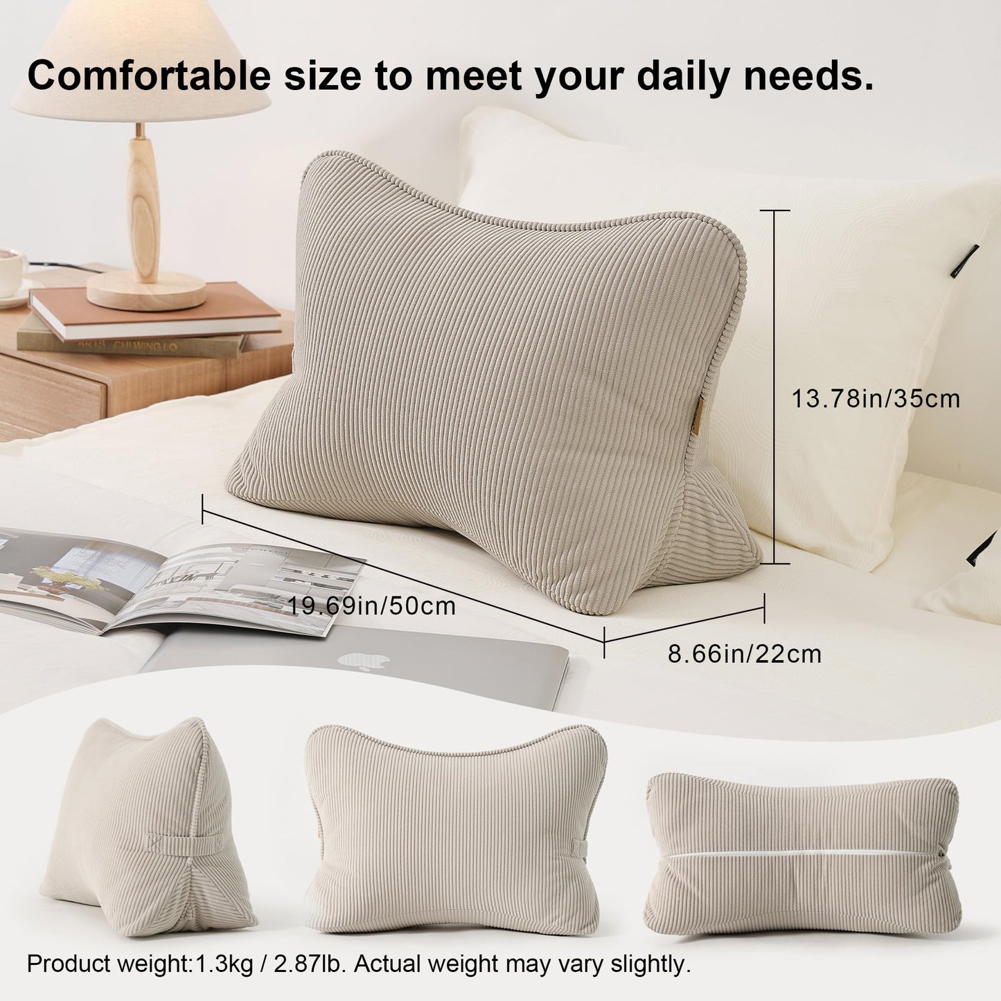 Ailuteie Pat. Pend. Corduroy Lumbar Support Back Pillow for Watching TV, Reading & Gaming, Ergonomic Triangle Support Cushion for Sofa, Armchair & Bed Sitting, Removable Washable Cover, Beige Gray