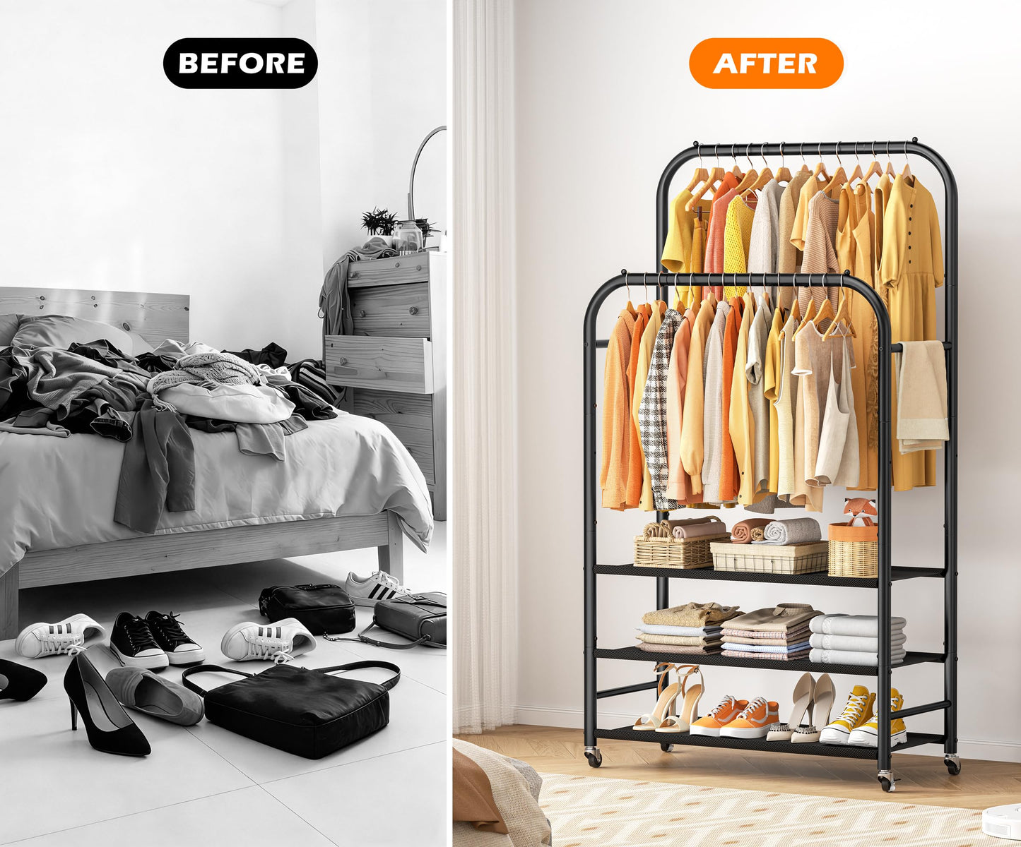 HOMIDEC Double Rods Clothes Rack Clothing Rack with 3 Tier Storage Shelves Clothes Rack for Hanging Clothes Multifunctional Clothes Organizer Bedroom,Wardrobe Closet,Shop,Black