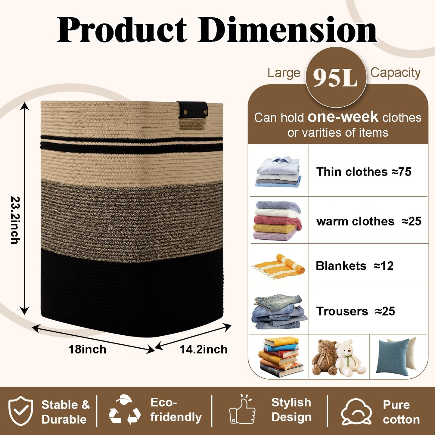 Degeyoyo Laundry Hamper, 95L Tall Laundry Basket with Leather Handles, Rectangle Large Clothes Hamper for Organizing, Cotton Woven Laundry Baskets Storage Hampers for Bedroom, Nursery, Living Room