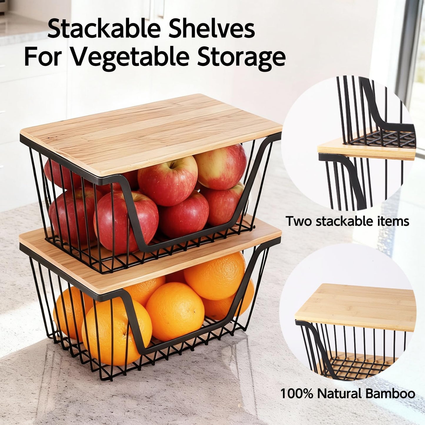 2 Pack Onion and Potato Storage Bins, Stackable Pantry Organizers Storage, Large Wire Storage Basket for Onion, Potato, Fruit, Vegetables