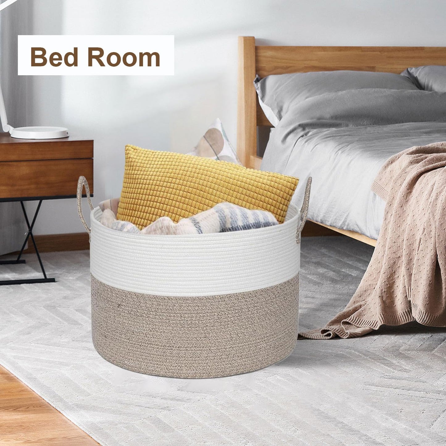Echueuey 21" x 18" Extra Large storage baskets,Decorative blanket basket with lid for Living room,rope baskets with lid,wicker hamper for bedroom,Big,Round,White & Brown 115L