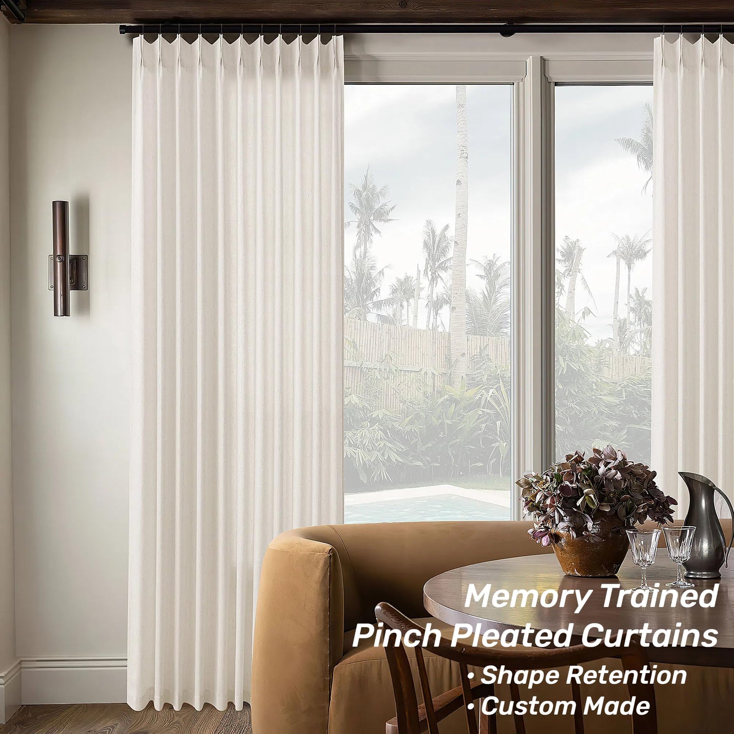 Pinch Pleated Extra Wide Linen Curtains 84 Inches Long for Patio Sliding Glass Door Cream Ivory 72 Inch Wide Pleated Drapes with Hooks Rings Neutral Natural Semi Sheer 72x84 Curtain for Living Room
