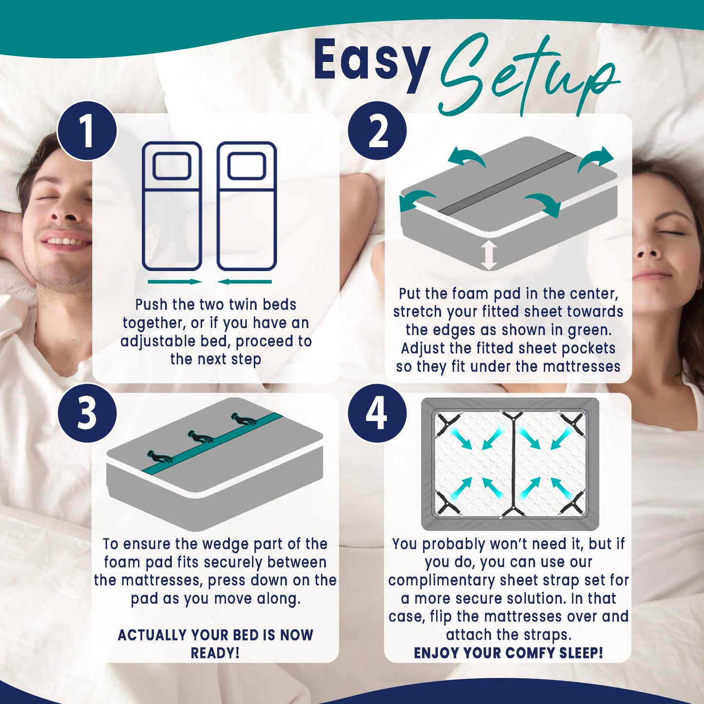 EPHEDORA 3-in-1 Fitted Sheet Attached Bed Bridge Twin (XL) to King Converter Kit with Sheet Strap Set | Split King Gap Filler for Adjustable Bed | White