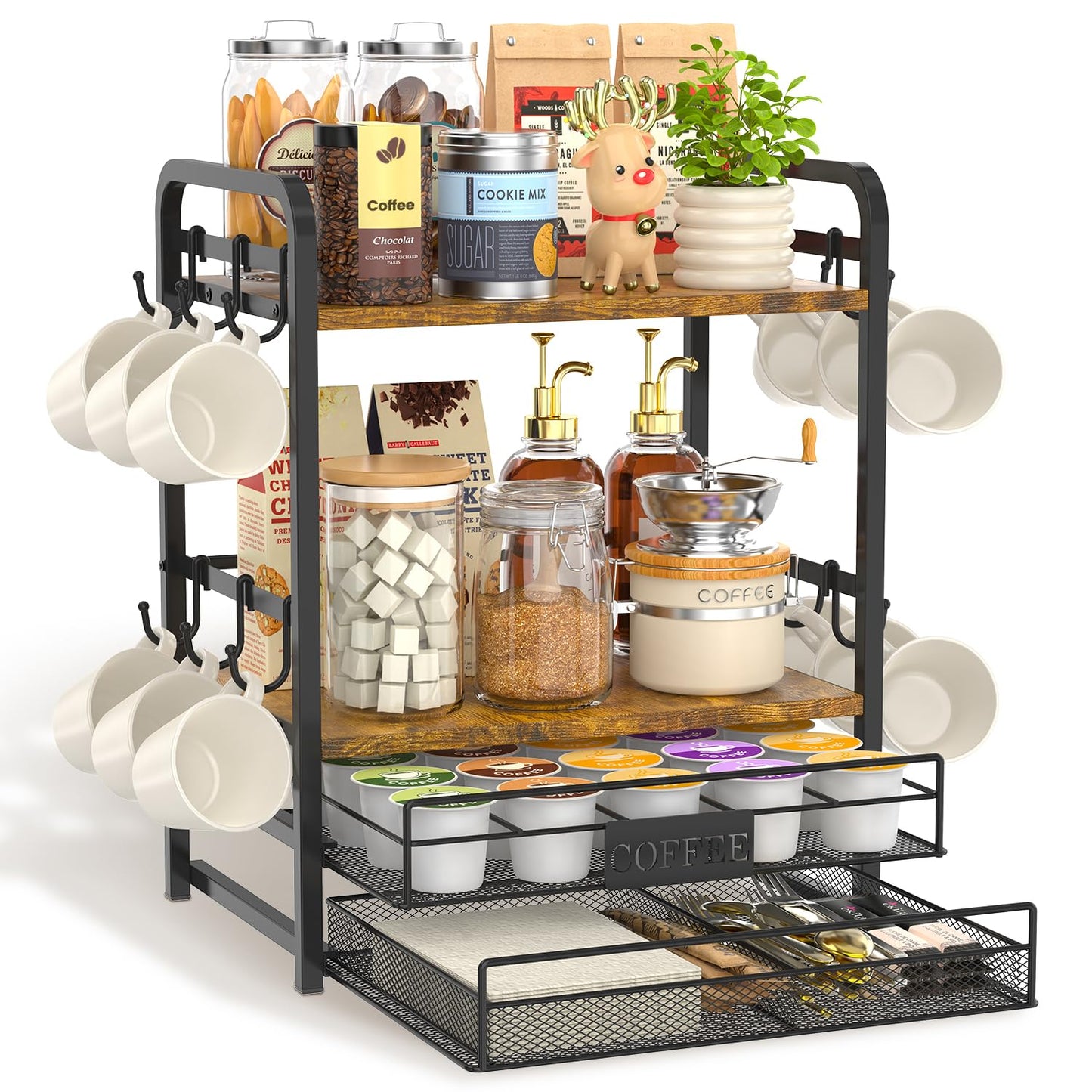 EsLuker.ly Coffee Bar Organizer Station Shelf Mug Holder for Countertop, 4 Tier Mug Holder Stand with 12 Hooks, K Cup Pod Drawer