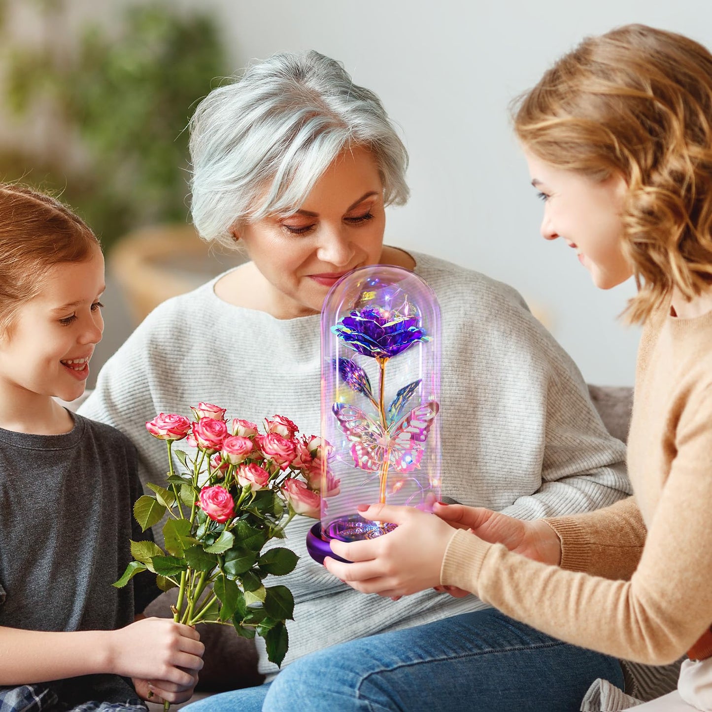 Pusuny Mothers Day Flowers Gifts for Mom Women Birthday Gift Galaxy Glass Rose Forever Eternal Crystal Flowers Rose in Glass Dome with Butterfly Mother's Day Roses Gifts for Mom Daughter Wife Purple