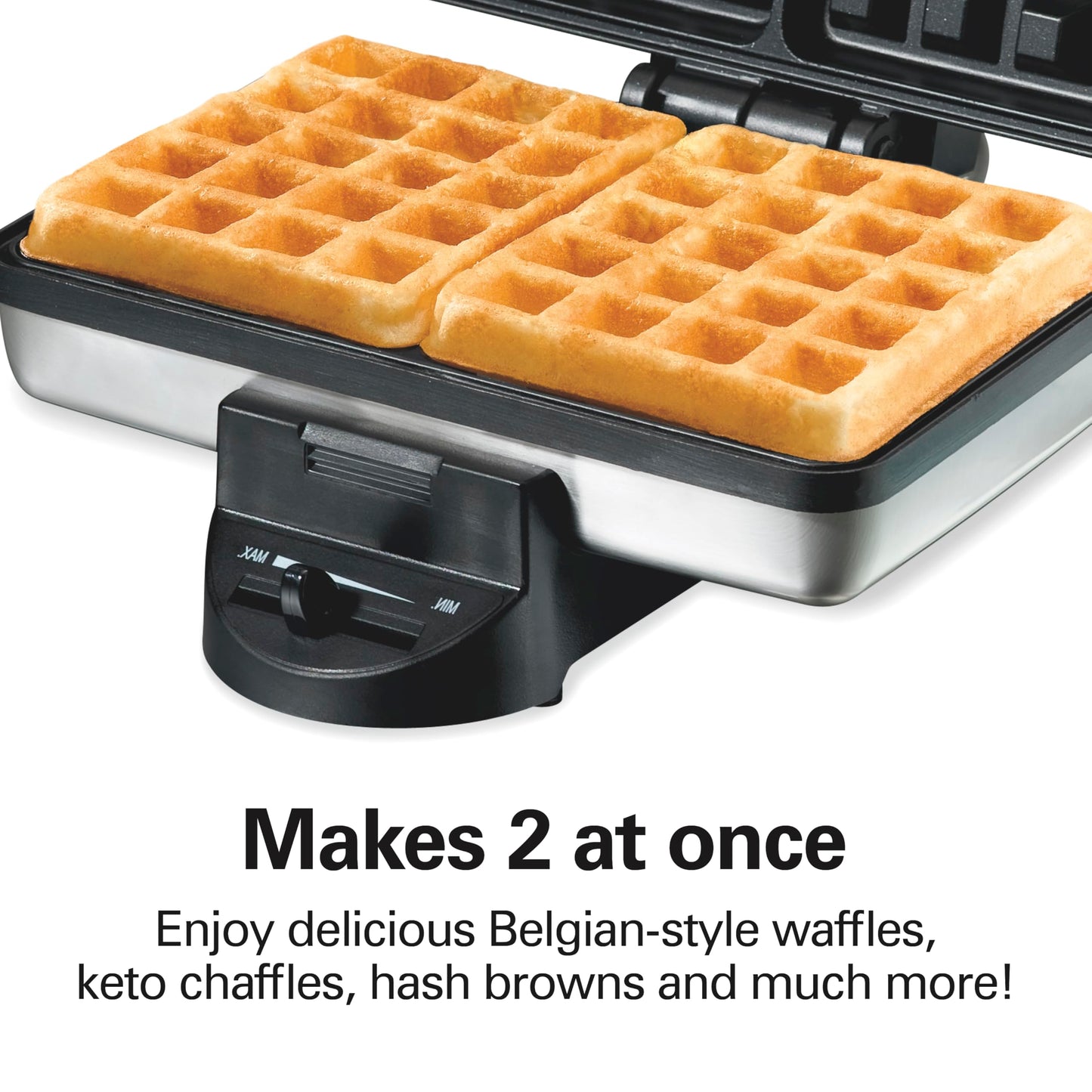 Hamilton Beach Belgian Mini Waffle Maker with Shade Control, Makes 2 at Once, Create Personalized Keto Chaffles and Hash Browns, PFAS-Free Non-Stick Plates, Compact Design, Stainless Steel (26009)