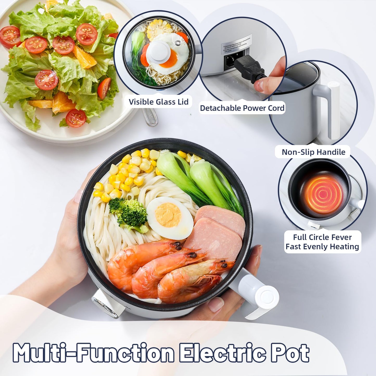 KERZION Electric Hot Pot :1.5L Mini Ramen Cooker with Overheat & Boil-Dry Protection, Suitable for Noodles, Soup, Oatmeal, College Dorm Office Travel Essentials (Grey, 1.5L)