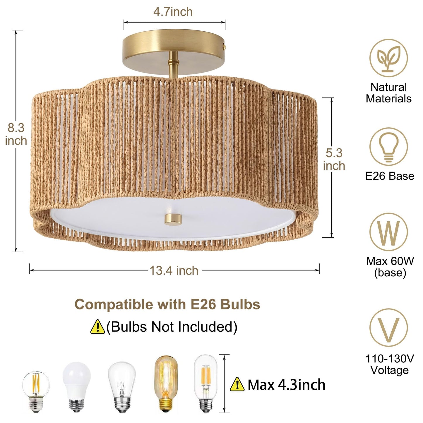 Giutna Rattan Ceiling Light Fixtures Flush Mount,3-Light Boho Light Fixtures Ceiling Mount for Bedroom,Close to Ceiling Light Modern Rattan Chandelier Lighting for Hallway Kitchen Dining Room(Yellow)