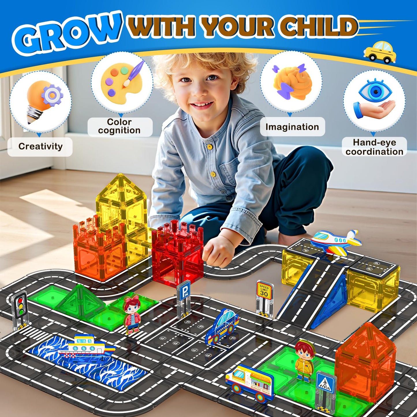 112PCS Magnetic Tiles Road Set with Vibrant Color & Ultra Magnet Strength, City Road Building Blocks Construction Toys for Toddlers Kids Ages 3-12, Creative Gifts STEM Toys for 3+ Years Old Boys Girls