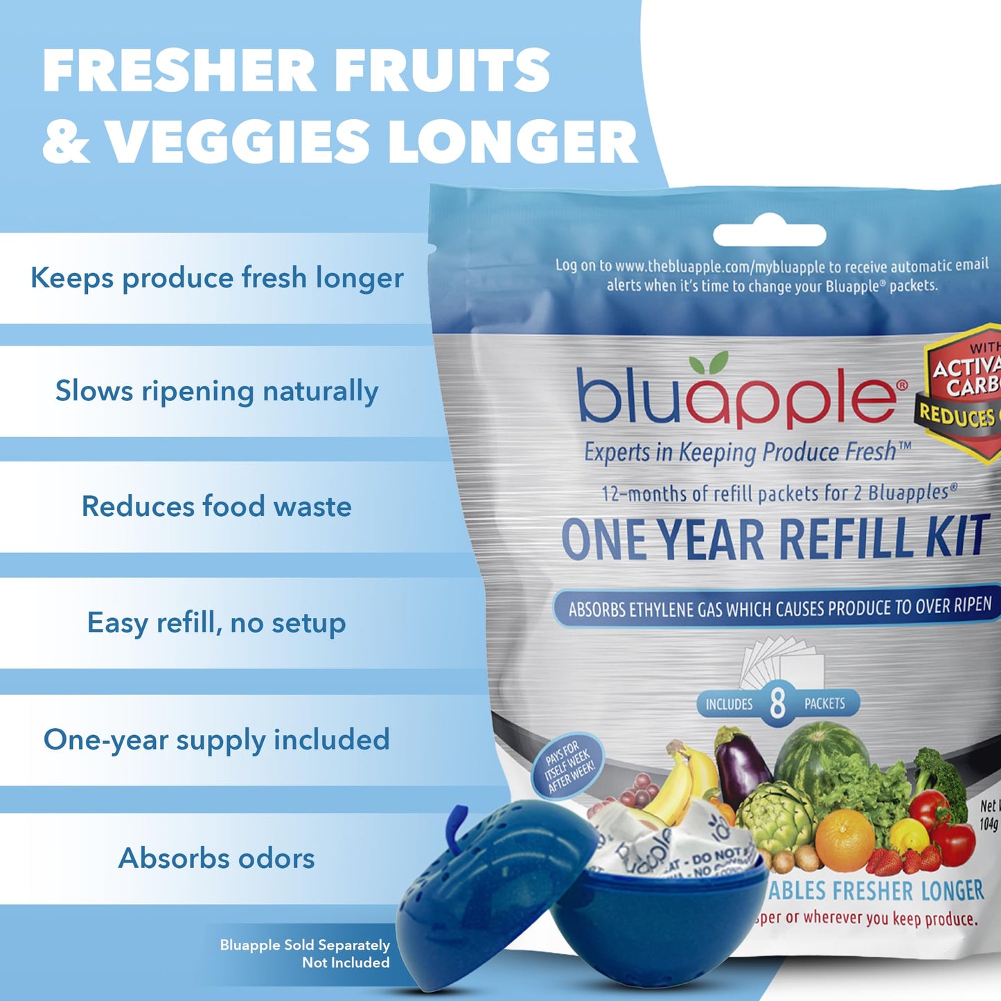 Bluapple Produce Saver Ethylene Gas Absorber with Activated Carbon, 1 Year Supply, Keeps Fresh Fruits & Vegetables Longer - Produce Saver for Kitchen - 8-Packets, 13g Total (Active Formula + Carbon)