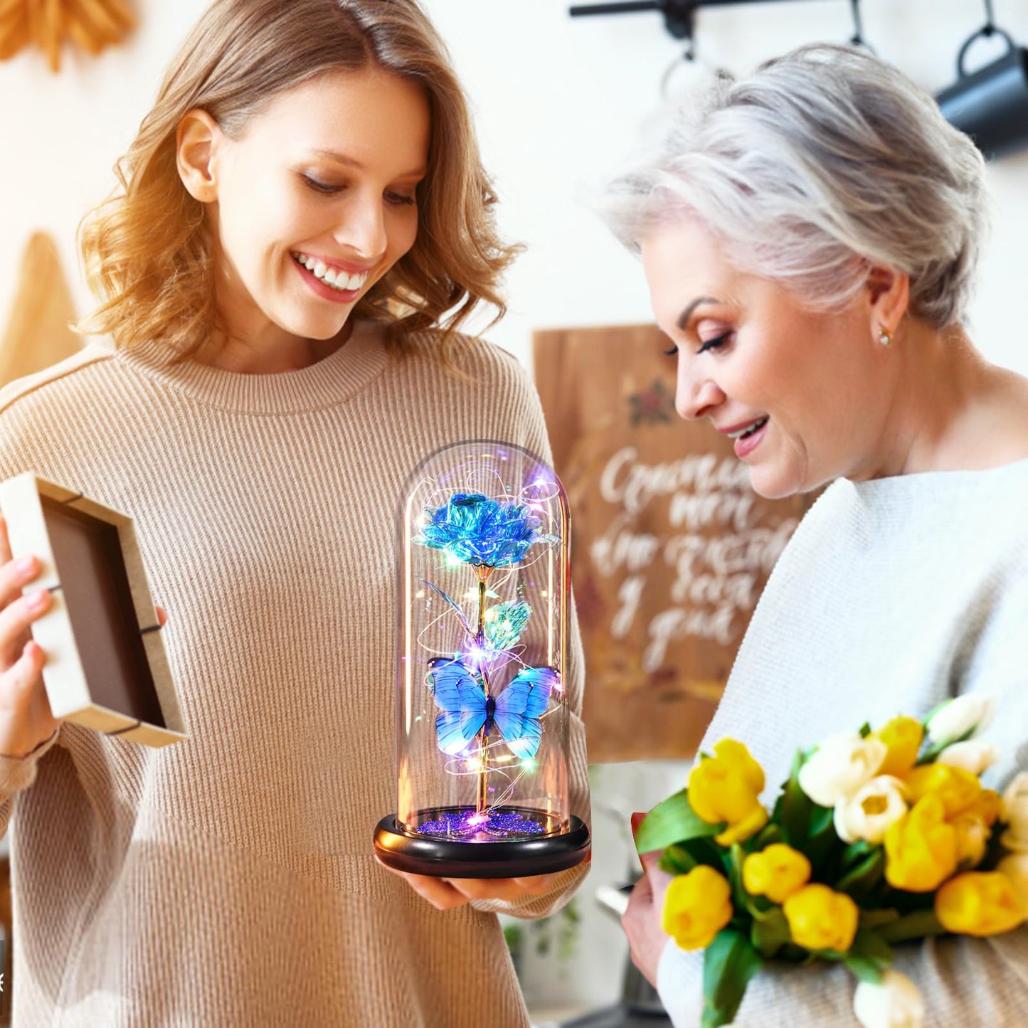 DEEMEI Mothers Day Birthday Gift for Mom from Daughter Son Blue Rose Eternal Flower Light Up Rose in Glass Dome with Butterfly, Mother's Flowers Gifts for Mom Women Wife Grandma Delivery Prime