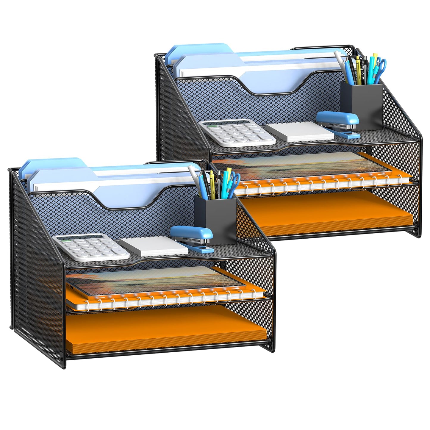 Samstar 2 Pack Mesh Desk File Organizer Letter Tray Holder, Desktop File Folder Holder with 3 Paper Trays and 2 Vertical Upright Section, Black