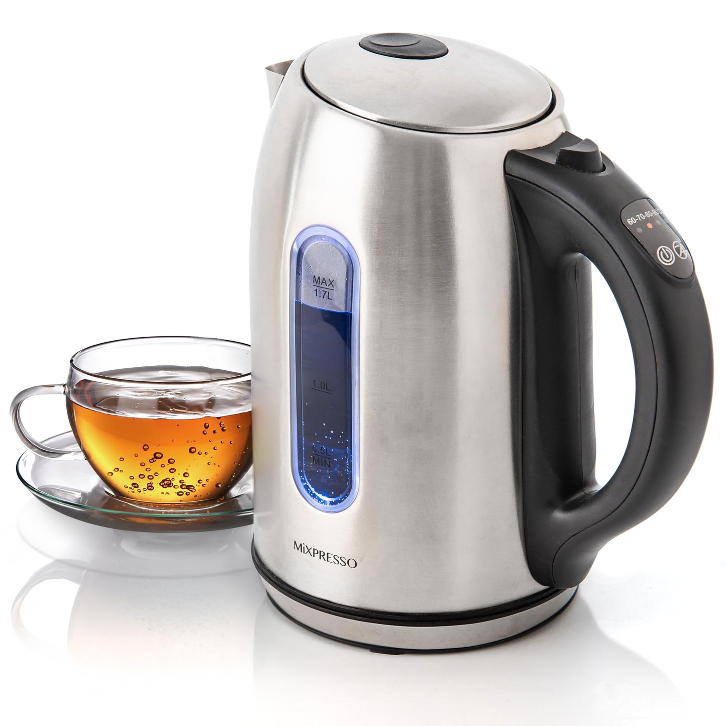 Mixpresso Stainless Steel Electric Kettle, Cordless 1.7L Electric Kettle Temperature Control,1500W Electric Tea Kettle with Viewing Window 2 Hr Keep Warm, Water Boiler with Auto-Off, Boil-Dry System