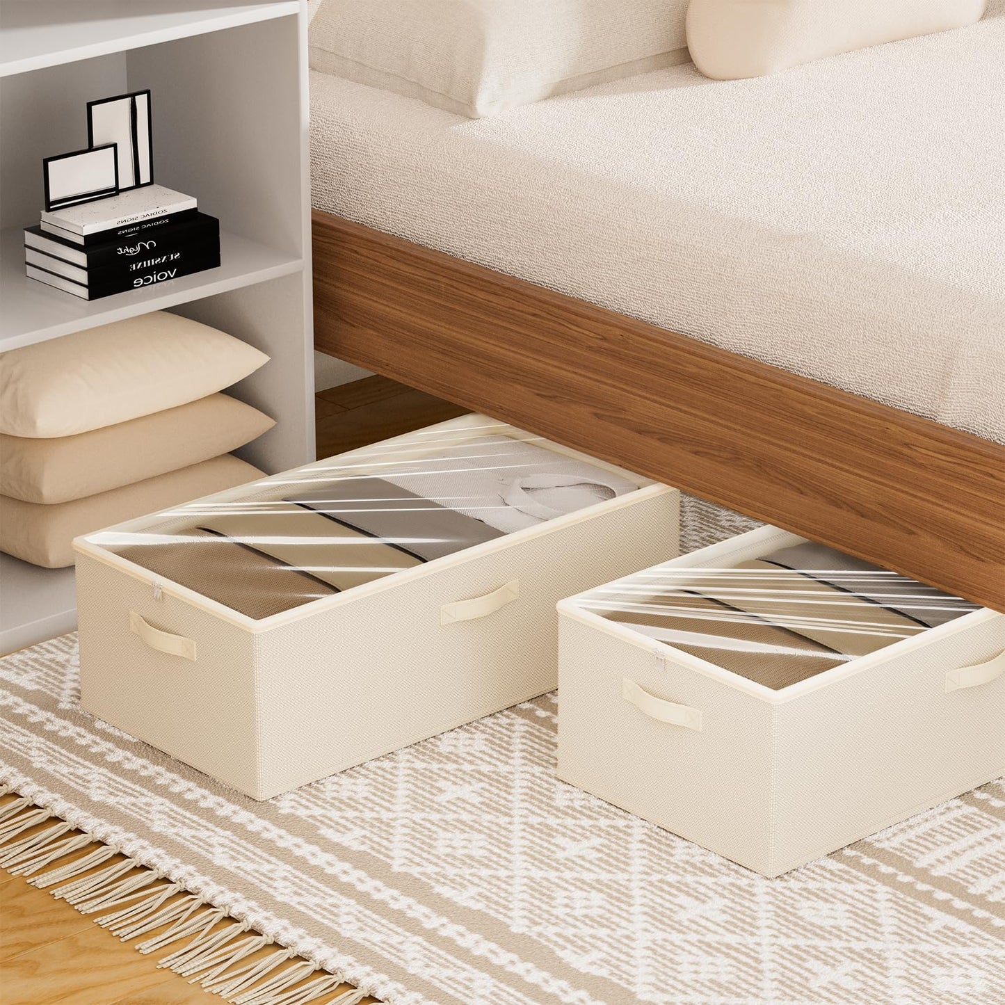 Chizjox 10inch 3 Pack Under Bed Storage Containers, 10 Inch Tall Underbed Clothes Storage Organizer Bin with Clear Window，Foldable Box Basket for Clothes, Closet, Bed Sheets and Blankets Beige