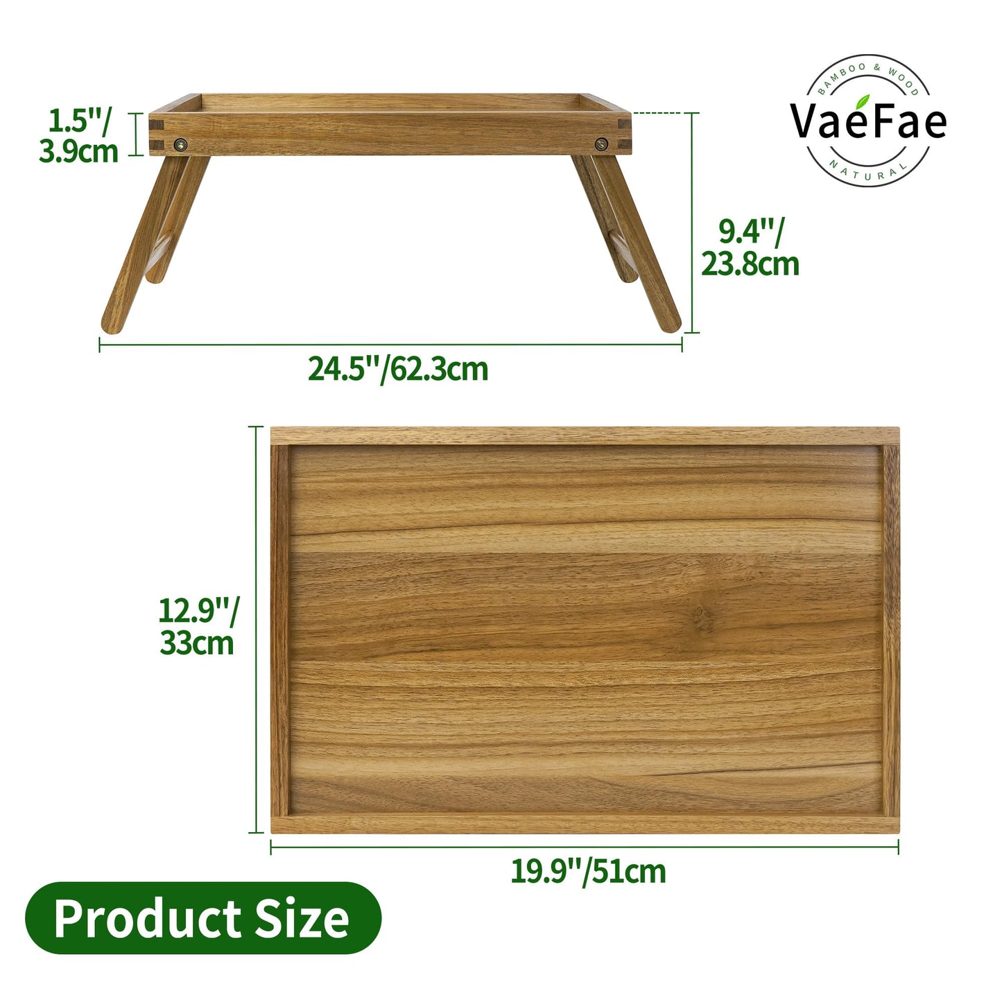 VaeFae Acacia Bed Table Tray, Wooden Breakfast Tray with Folding Legs, Bed Tray for Eating and Laptop, Eating Trays for Bedroom (Large Size)