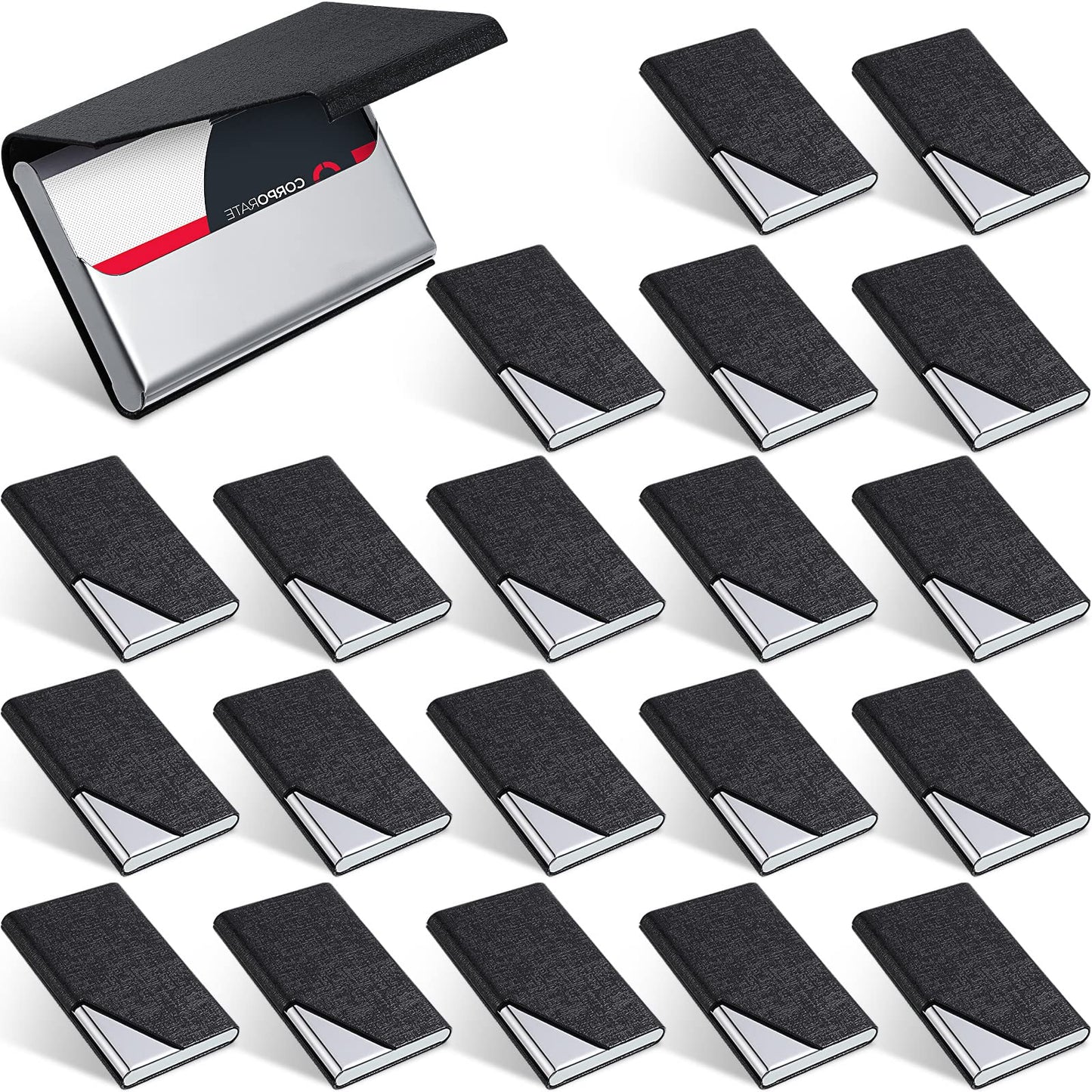 Yexiya 20 Pieces PU Leather Business Card Holder with Magnetic Closure Stainless Steel Slim Wallet Case for ID Credit Card Women Men(Black)