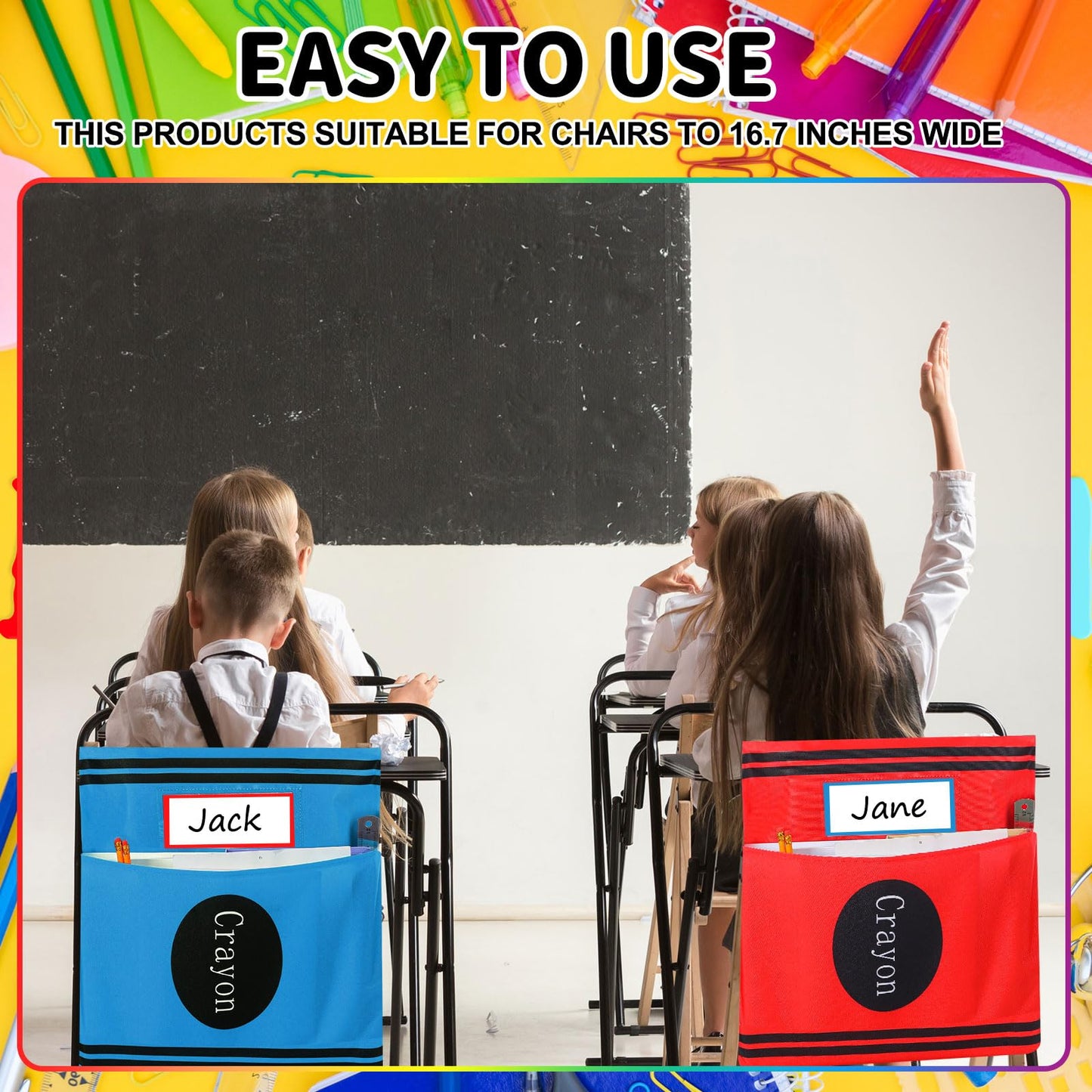 Sunnymove 12 Pack Back to School Chair Pockets Crayon Classroom Decor 18.5'' x 19'' Chair Pockets for Classroom Crayon Seat Pocket Preschool Storage Organizer with Name Slot for First Day of School