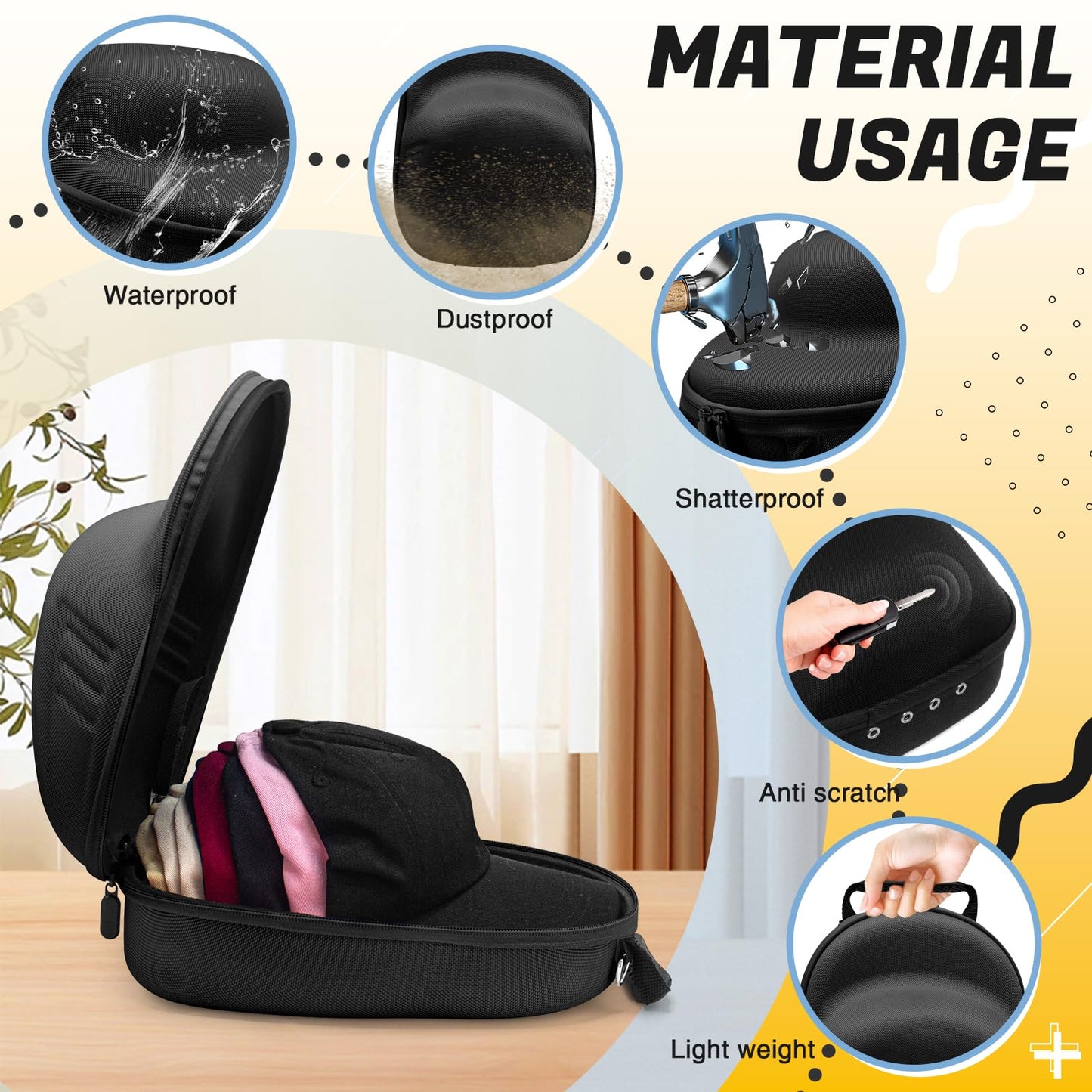 HZJYW Hat Travel Case,Hat Case for Baseball Caps with Carrying Handle and Adjustable Shoulder Strap,Organizer Protects up to 6 Hats, Box for Travel and Home Storage(Black)