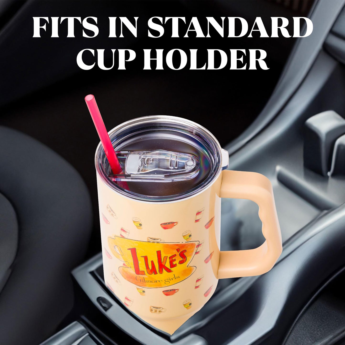 Silver Buffalo Gilmore Girls Luke's Diner Double Walled Stainless Steel Tumbler with Handle and Straw, Fits in Standard Cup Holder, 40 Ounces