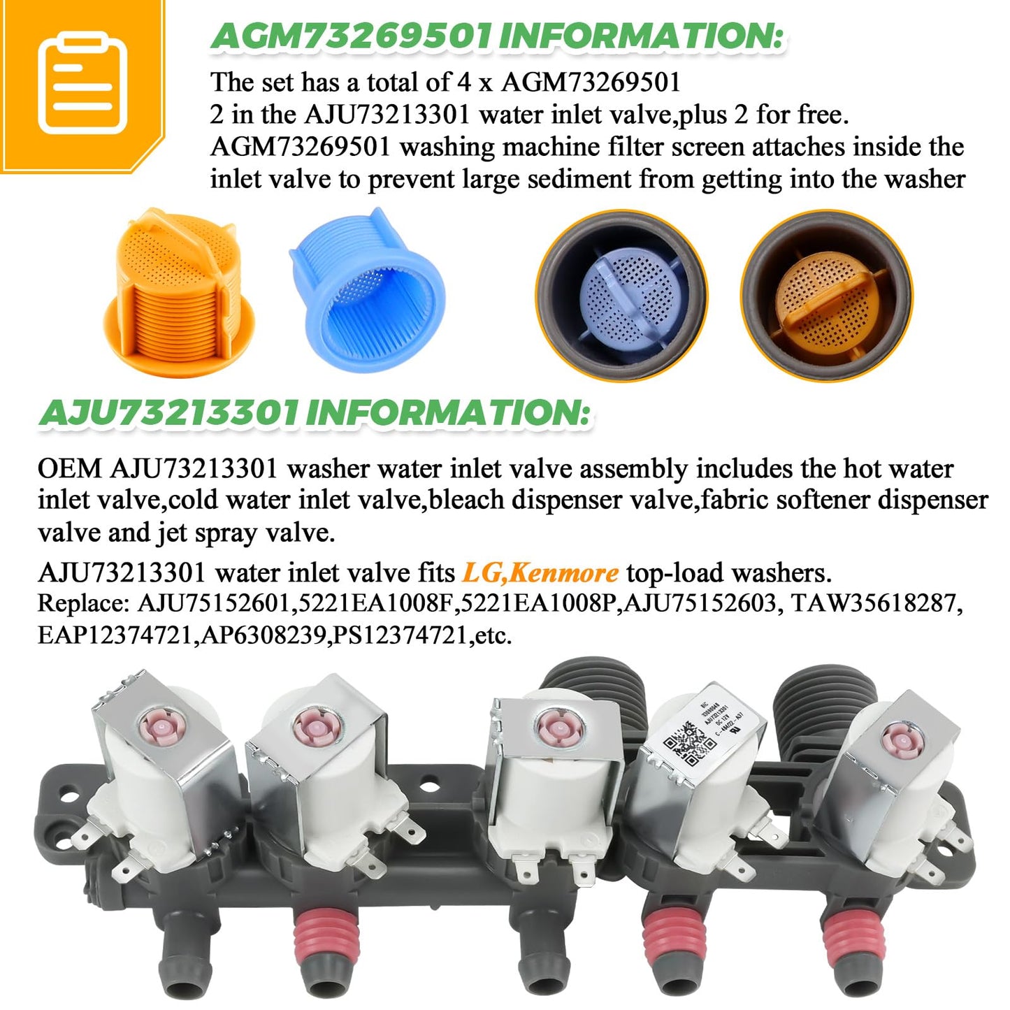 0EM AJU73213301 AJU75152601 5221ea1008f Washer Water Inlet Valve【2025】- AP6308239 Replaces for Kenmore LG Washers wt5680hva wt5270cw wt7200cw wt7200cv wt1201cw WT5001c* wt4801cw Water Inlet Valve