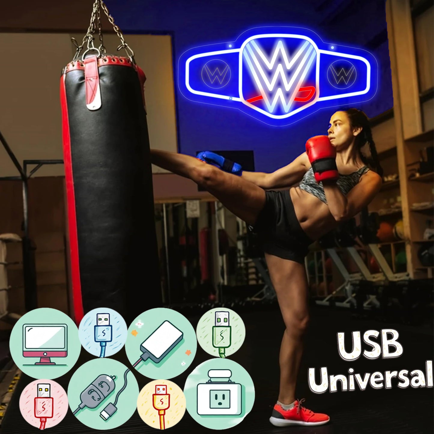 Wrestling Neon Sign for Wall Decor, Dimmable LED Boxing Belt Championship Neon Signs Light for Bedroom Dormitory Man Cave Beer Bar Boxing Club Gym Game Room, Gifts for Boys-Blue