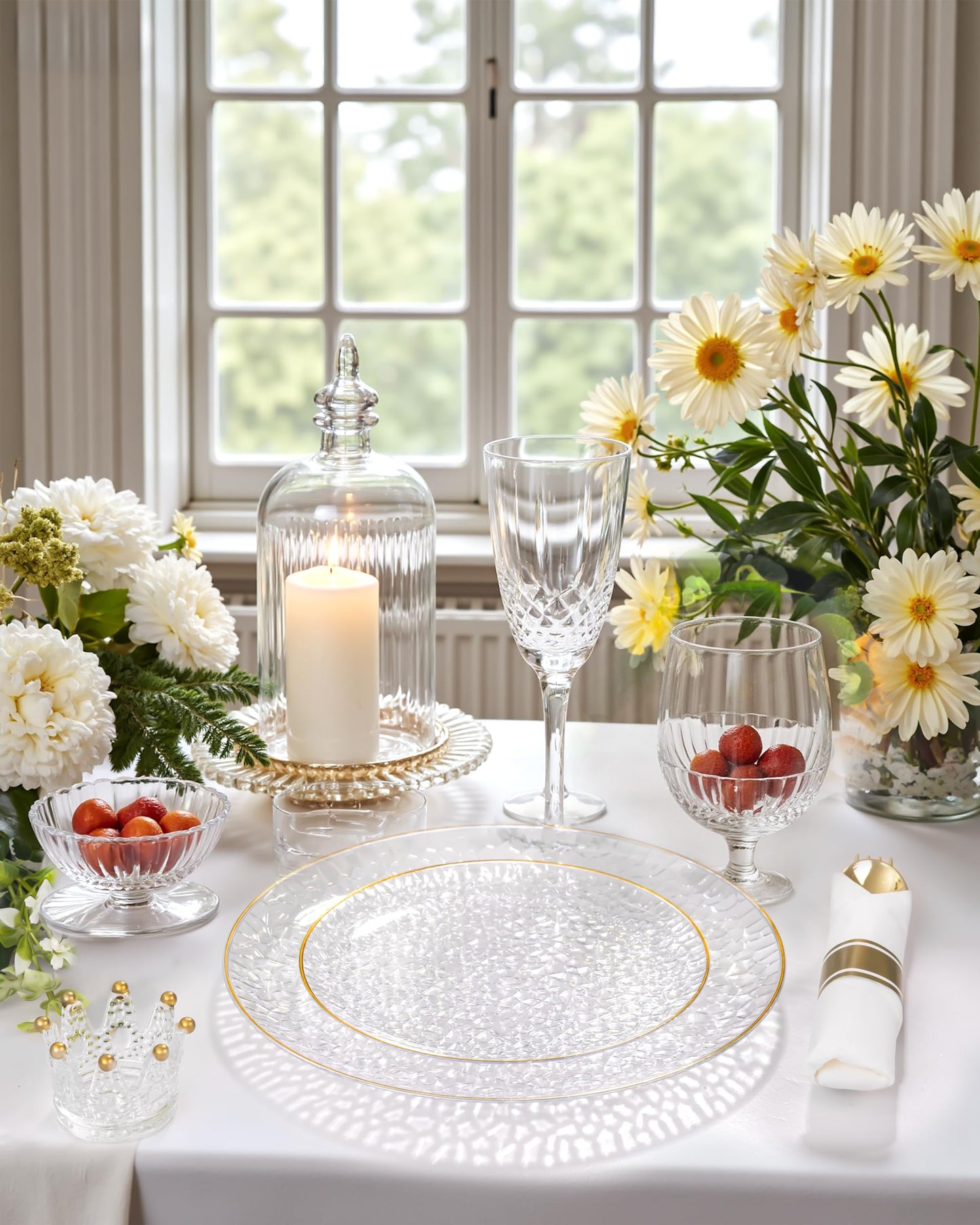 Hioasis 175pcs Clear Gold Plastic Plates - Clear Plastic Dinnerware Set Includes 25 Dinner Plate, 25 Dessert Plate, 25 Cups, 25 Napkins Perfect for Wedding & Party & Wedding
