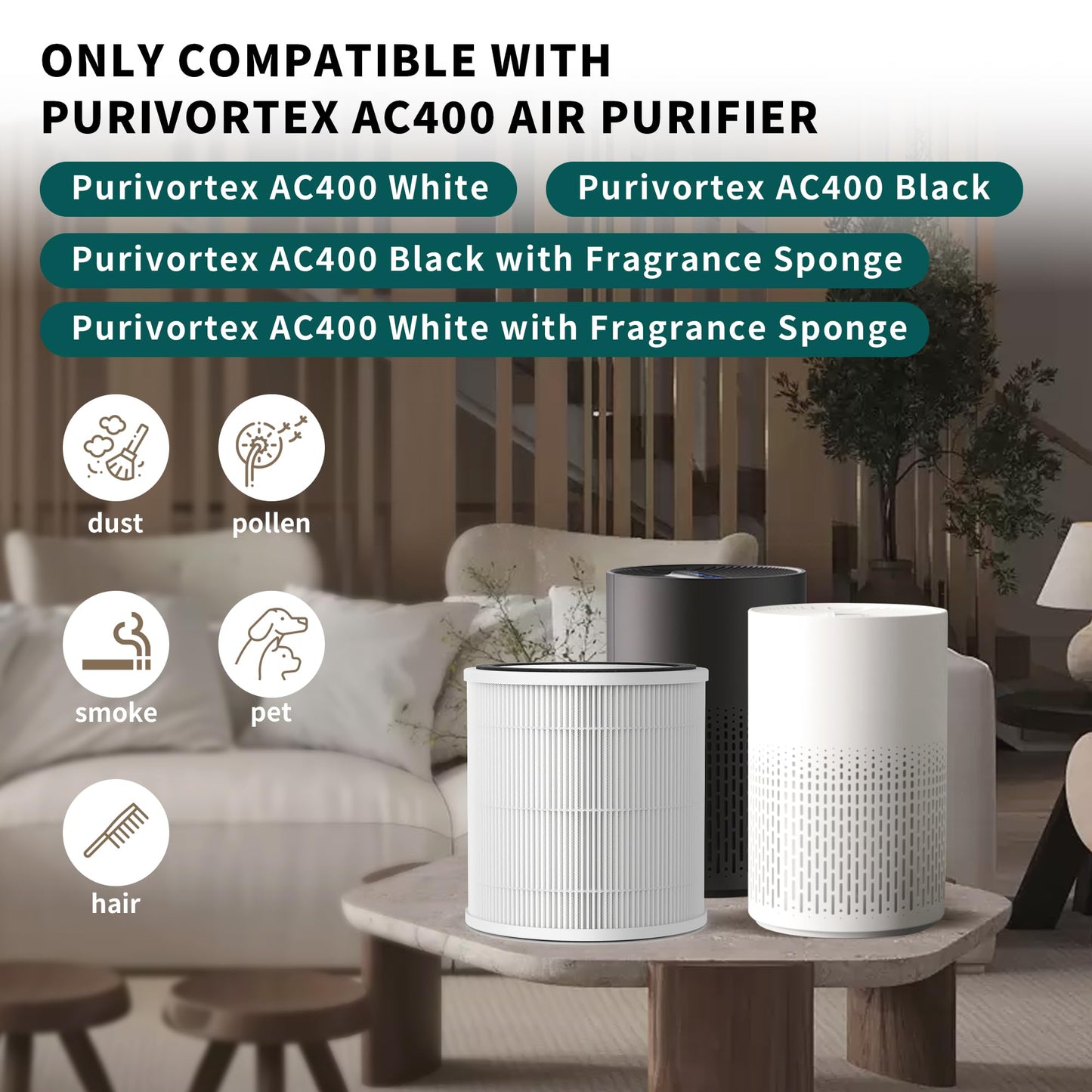FCFMY 4 Packs AC400 Replacement Filter Compatible with Purivortex AC400 Air Cleaner Purifier, 3-in-1 Main Filters and Activated Carbon Filter, White