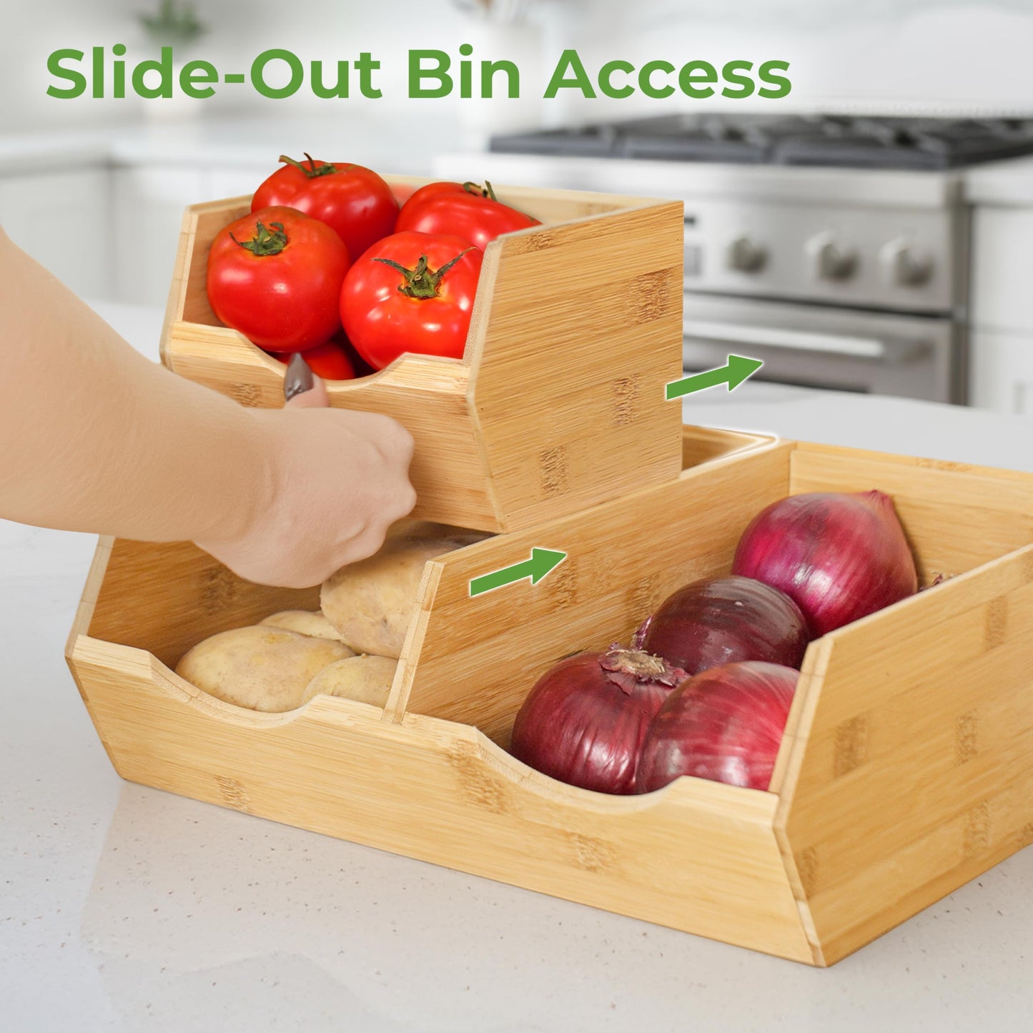 HOMESTEAD Bamboo Pantry Storage Bins – Potato & Onion Storage Bin for Pantry Organizers, Produce Organizer Set of 3 – Slide out Bin Access