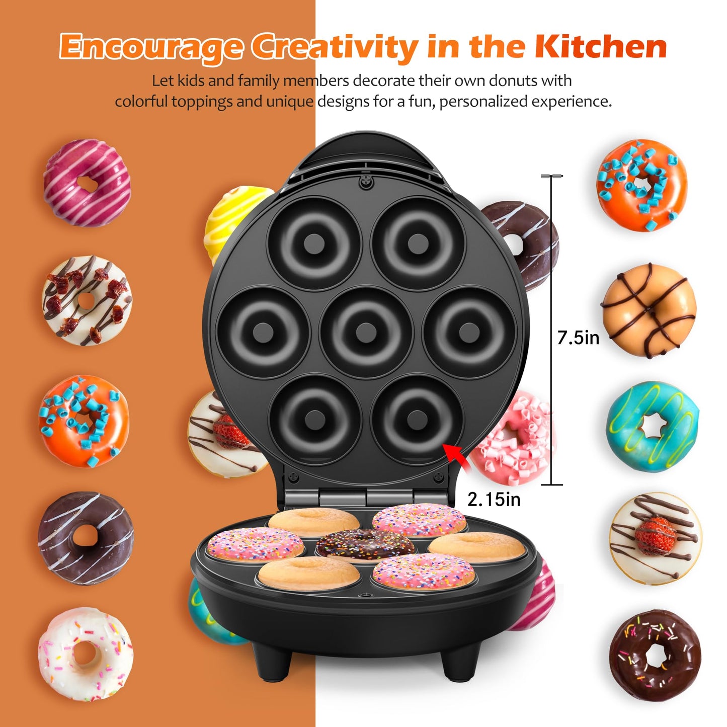 KEINVE Mini Donut Waffle Cake Maker, 7 Slots Home Baking Machine, Great for Breakfast, Snacks, Desserts and More