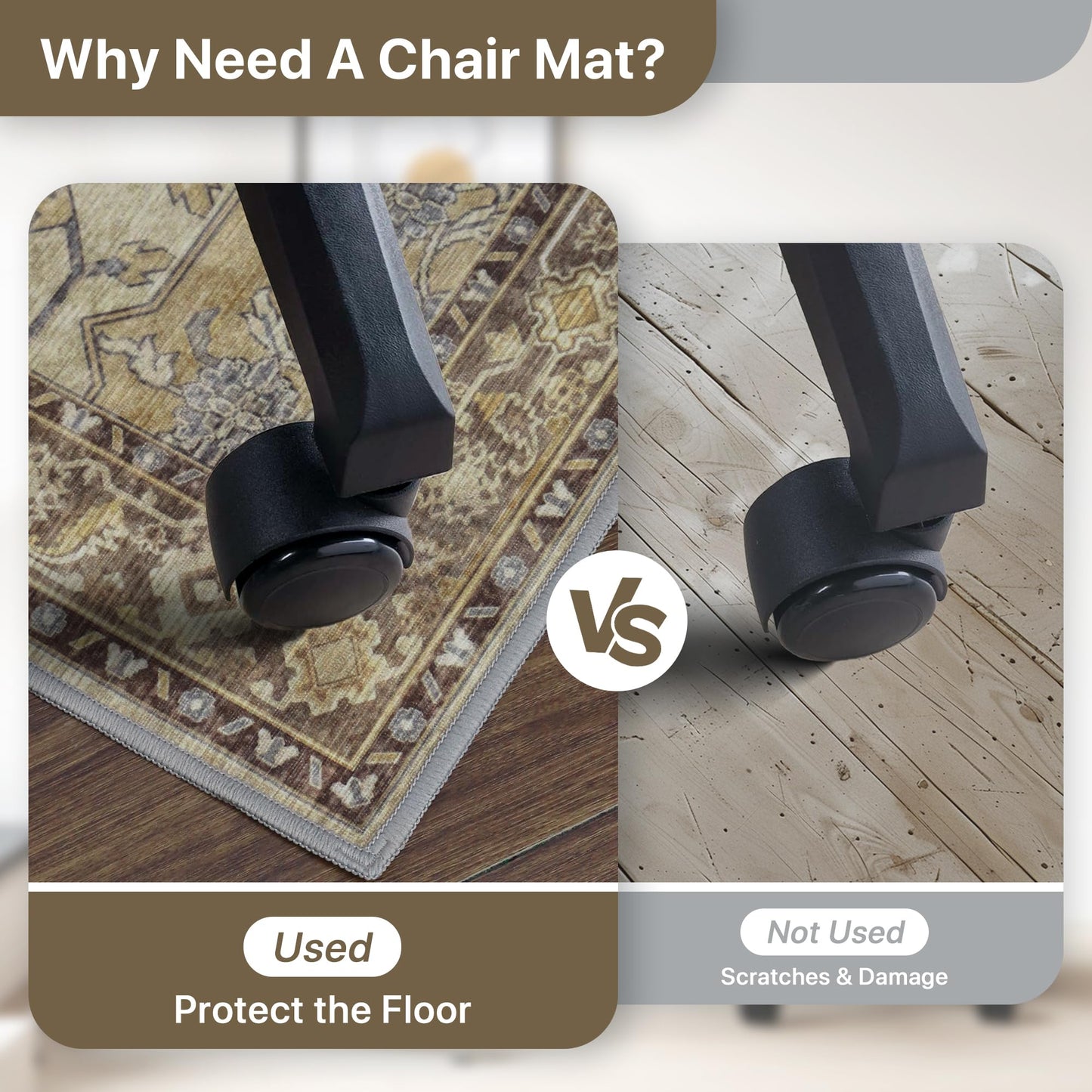 36"x48" Office Chair Mat for Hardwood Tile Floor, Under Desk Carpet Protector for Rolling Computer Chair Mat, Machine Washable Area Rug, Anti-Slip 1/5" Thick Low Pile Thin Vinyl Floor Mat, Brown