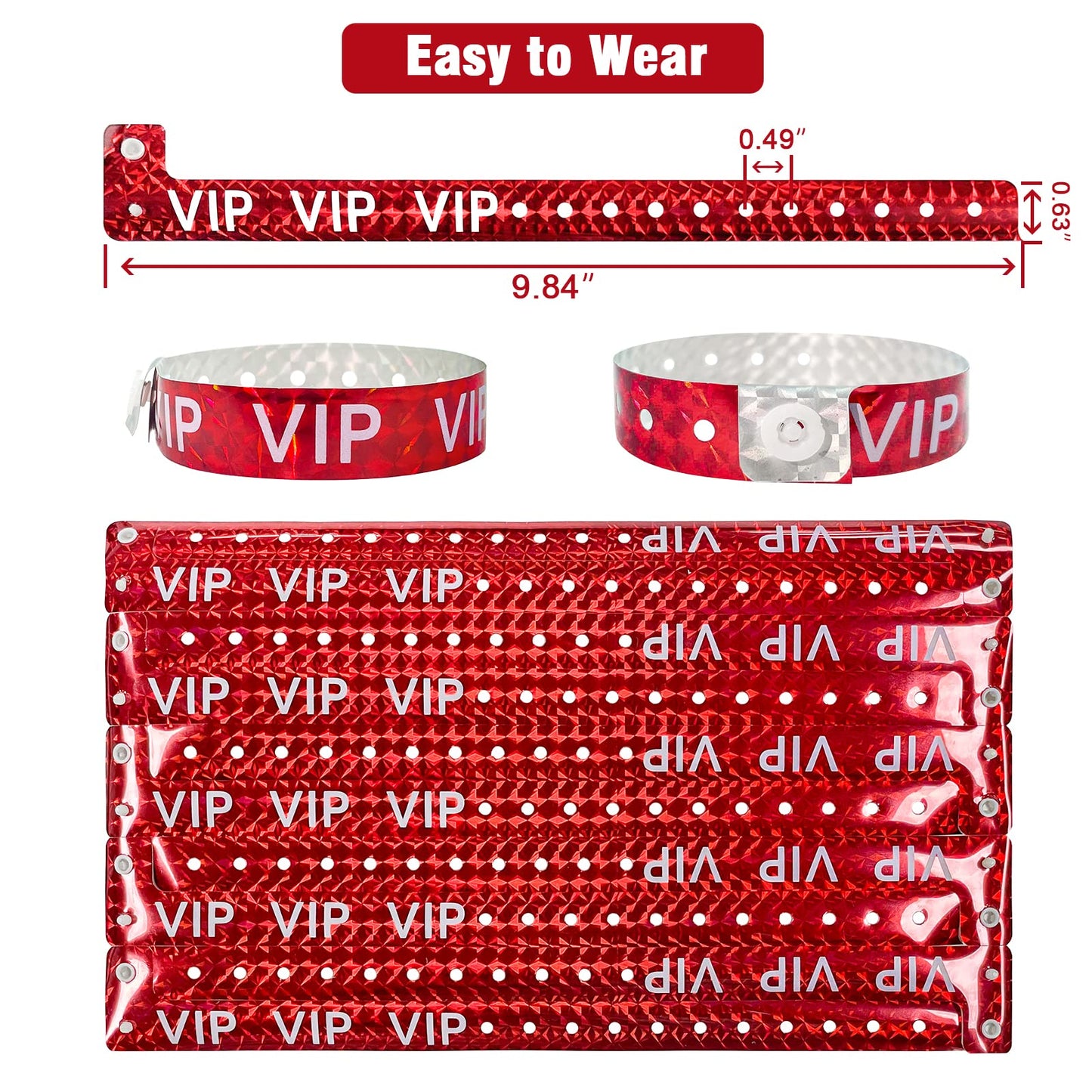 Ouchan Holographic VIP Plastic Party Wristbands Red - 500 Pack Vinyl Wristbands for Events Club Music Meeting