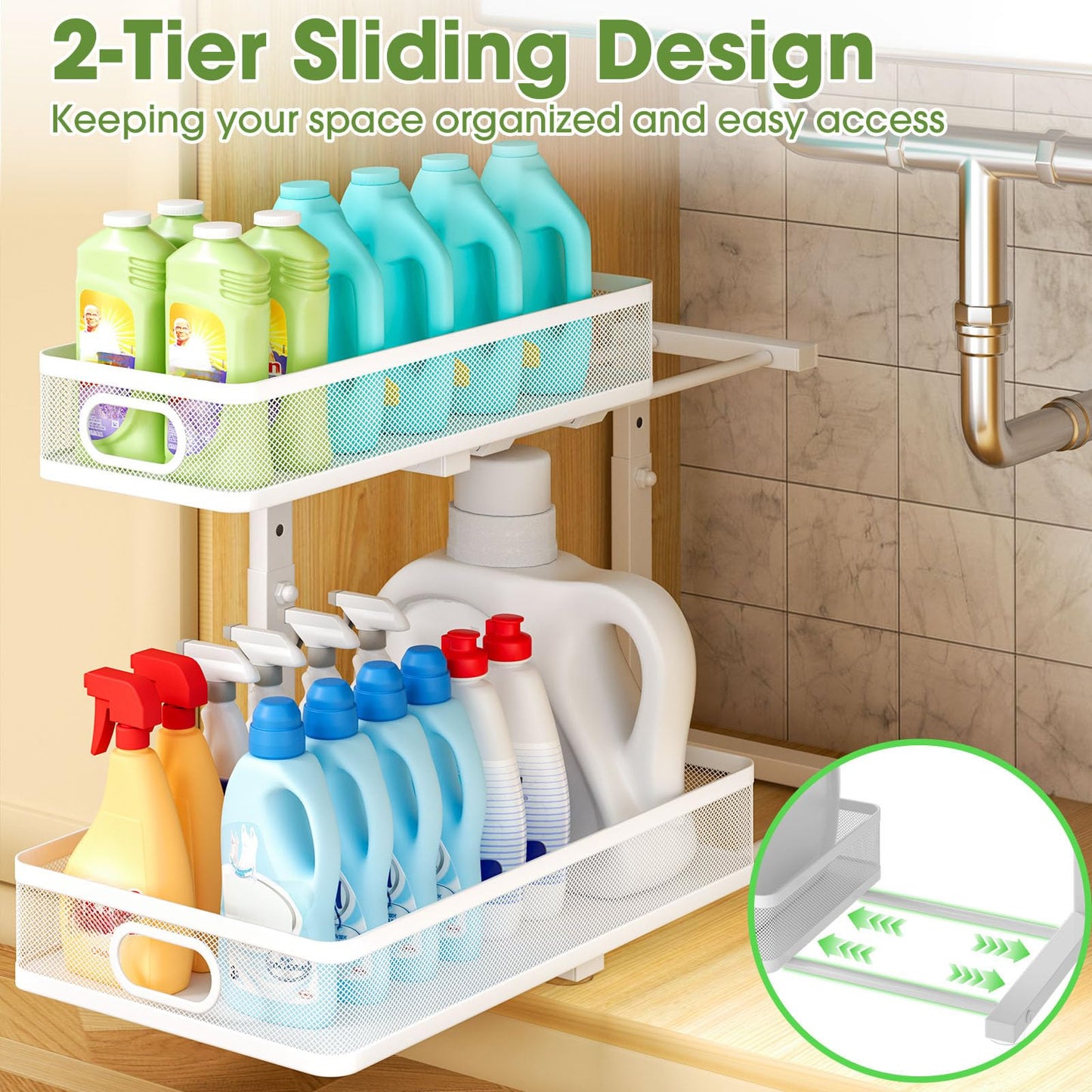 Under Sink Organizer 2-Pack, Metal 2-Tier Pull-Out Cabinet Shelf with Slide-Out Mesh Drawers, Height Adjustable, Space-Saving Under Sink Storage Racks for Kitchen, Bathroom, Laundry Room, White