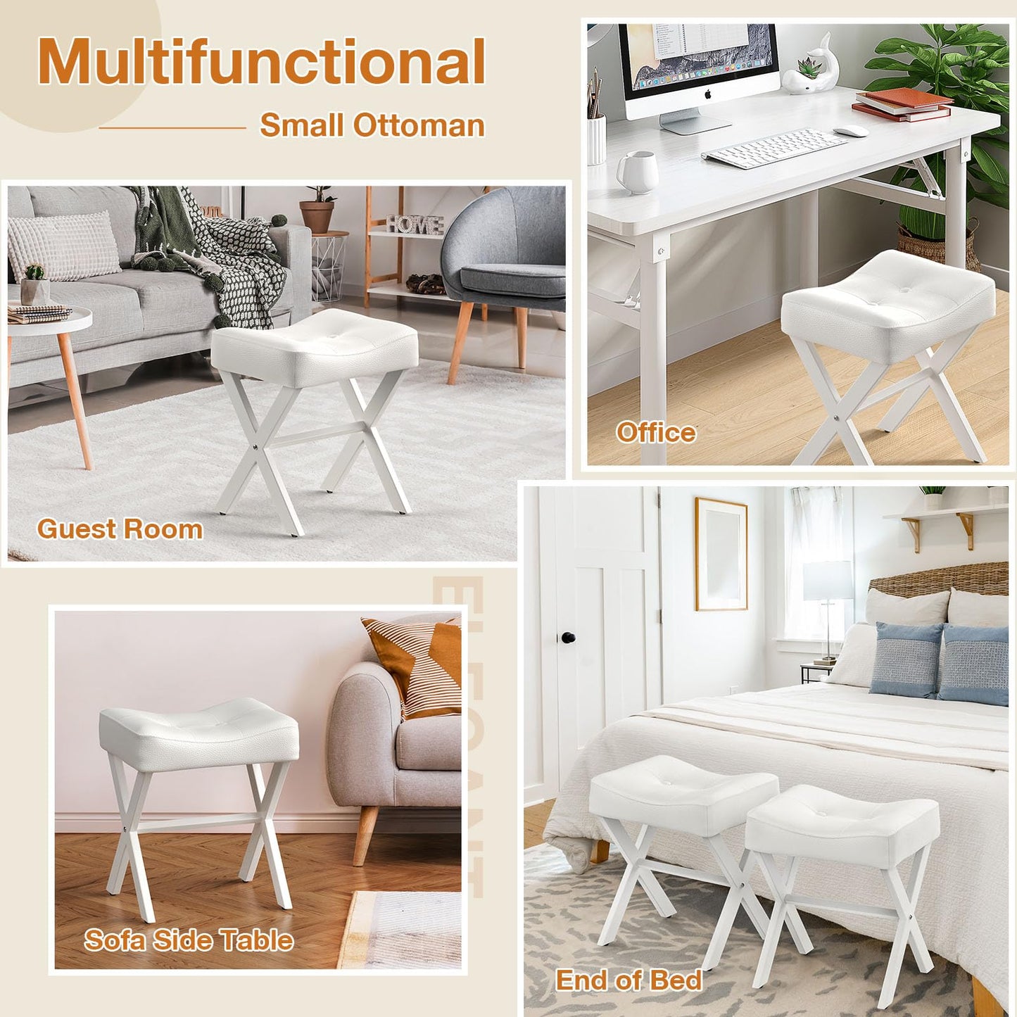 Memobarco 18-Inch Leather Vanity Stool Chair, Vanity Bench with Metal X-Leg, Ottoman Accent Stool with Thick Padded Saddle Seat, White