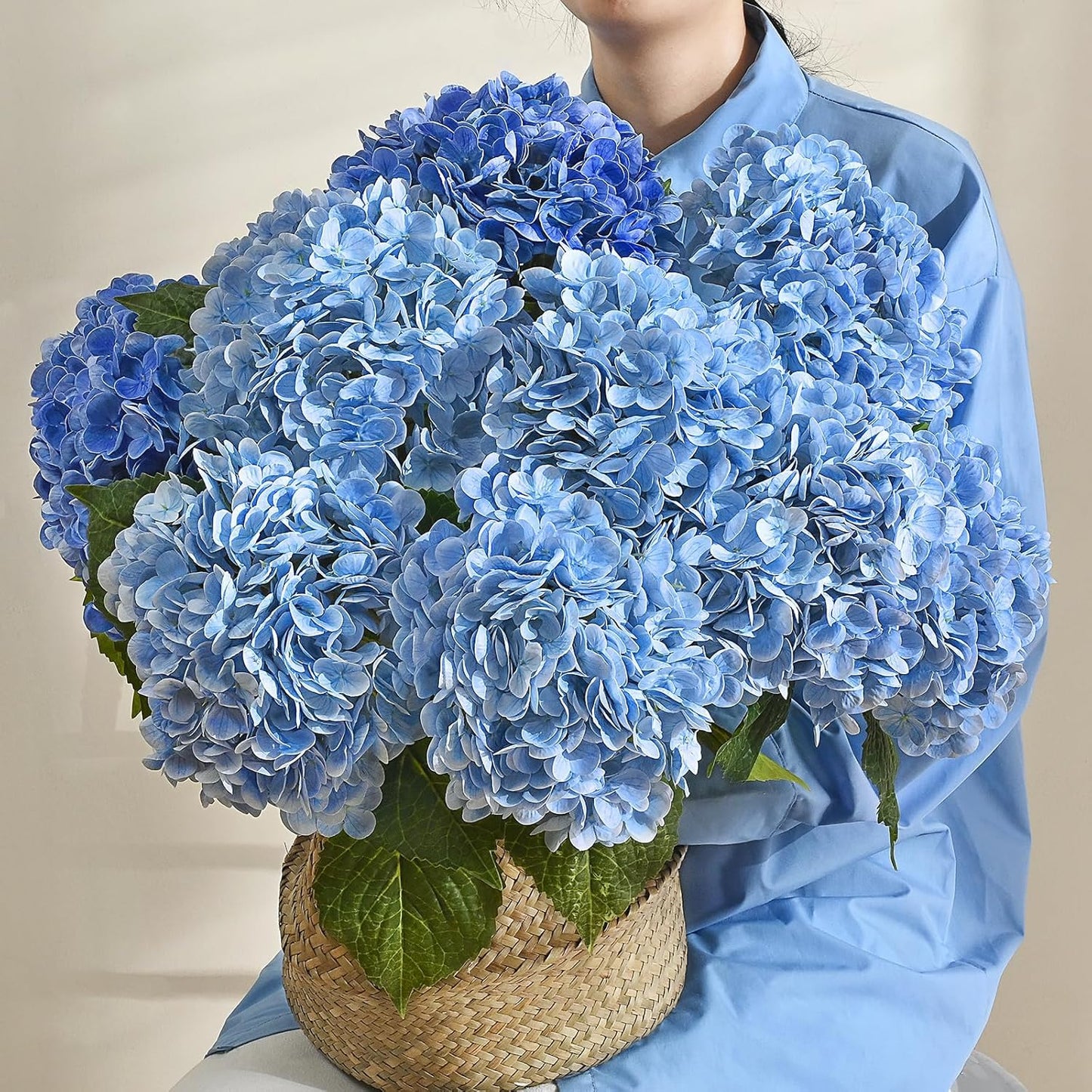 MARTINE MALL 5Pcs 21in Hydrangea Artificial Flowers, Latex Real Touch Hydrangeas Lifelike Large Hydrangea Flowers for Home Decor Party Arrangements Wedding Bouquets Centerpieces (Blue)