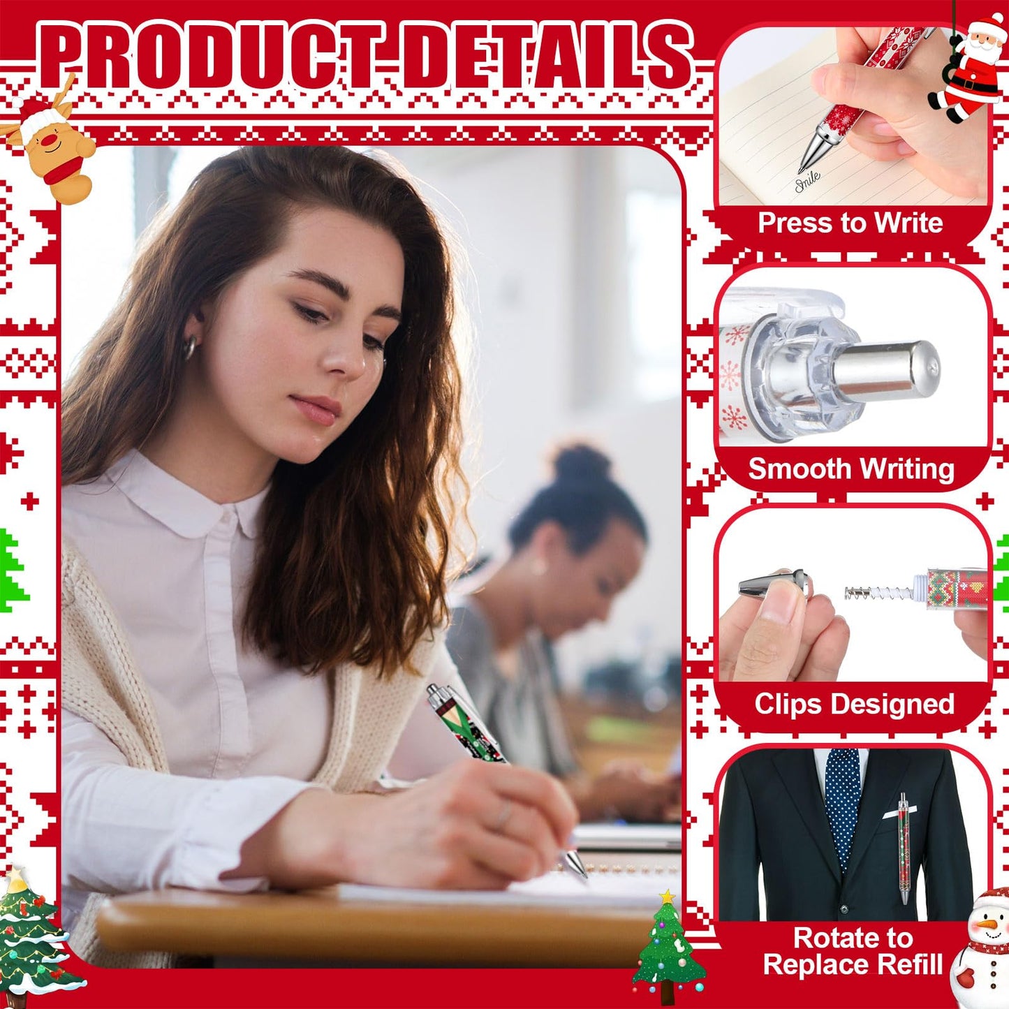 Resurhang 150 Pcs Christmas Ballpoint Pens Bulk Holiday Novelty Pens 0.5 mm Ugly Sweater Retractable Black Ink Decorative Stationery for Office School Party Favor Supplies Women Gift
