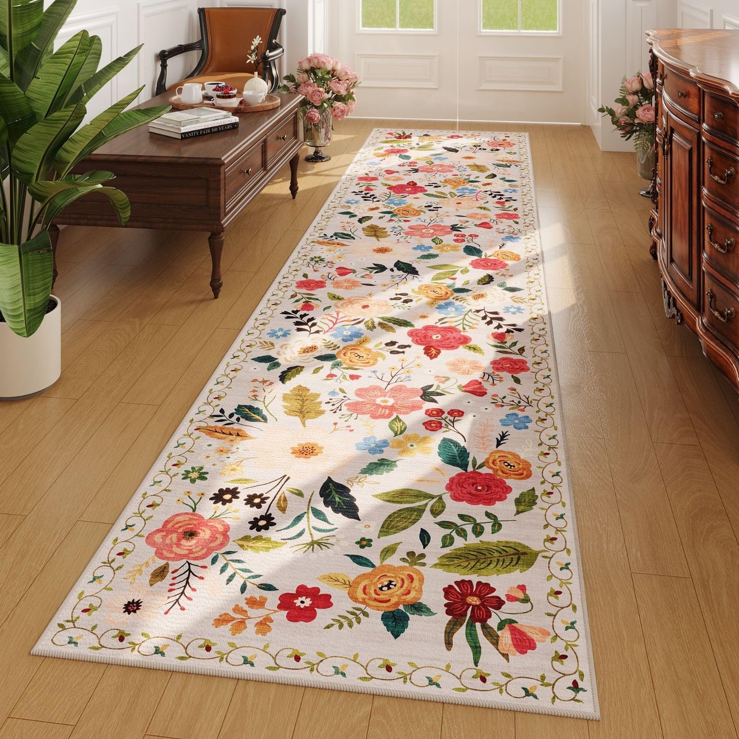 Rugcomf Long Hallway Runner Rug 2'7"x14' - Floral Washable Non Slip Boho Carpet for Kitchen, Entryway, Hall, Bathroom - Beige