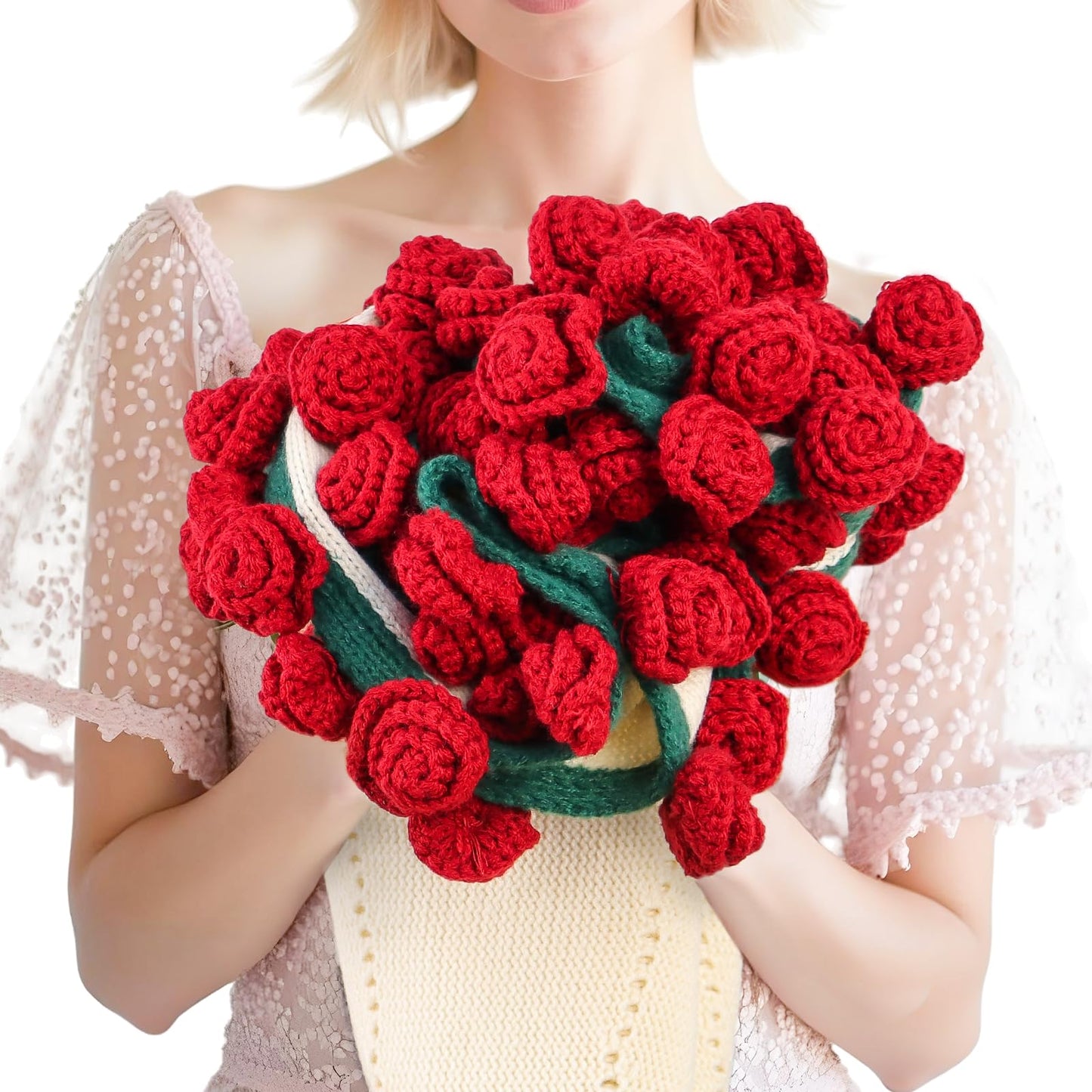 cagulax Birthday Gifts for Women Mothers Day, Rose Crochet Flowers Bouquet Blanket, Anniversary Wedding Graduation Gifts for Couples Wife Girlfriend Friends, Soft Rose Knitted Blanket 43 Inches